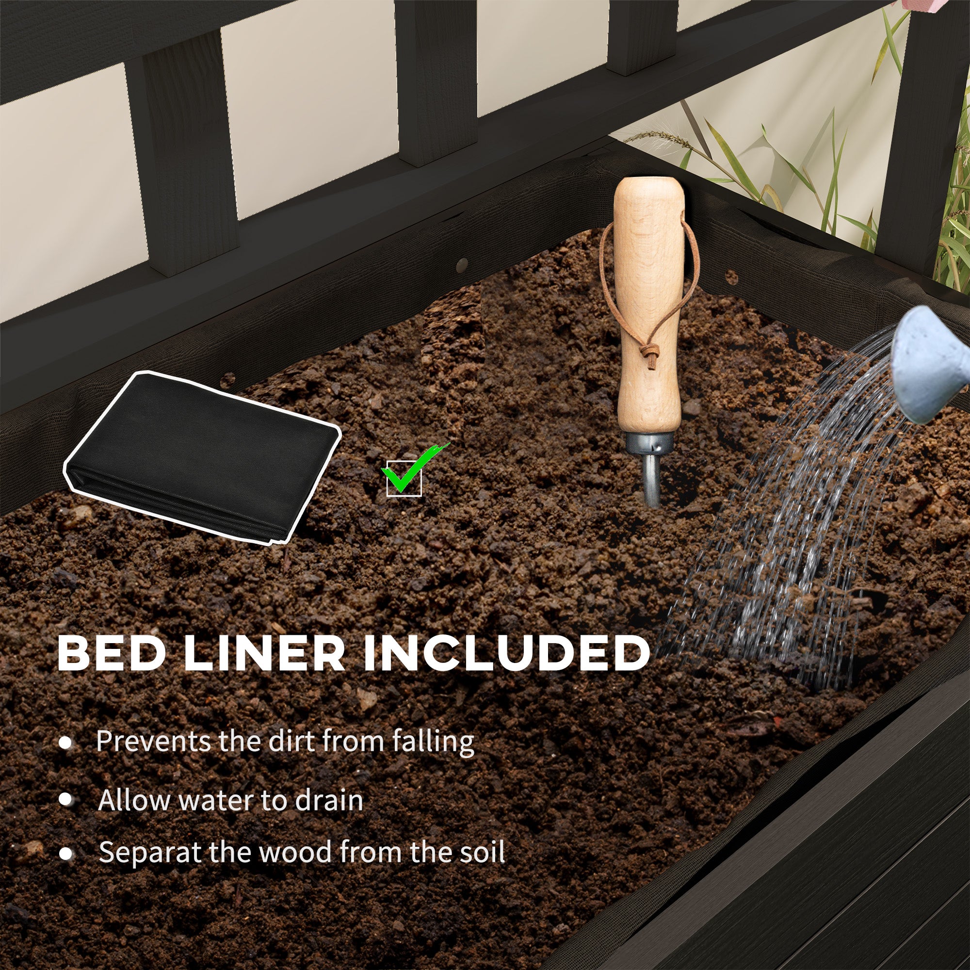 Raised Garden Bed with Trellis and Wheels, Outdoor Planter Wooden Elevated Garden Bed for Garden, Patio, Balcony - Black - Image 7