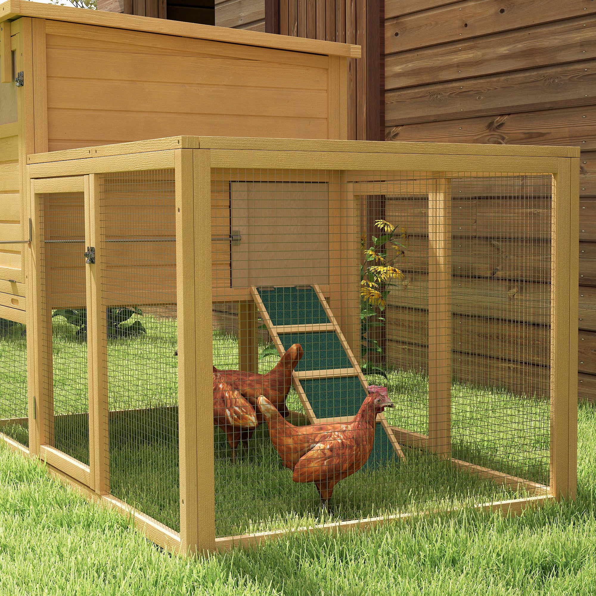 75" Wooden Chicken Coop with Nesting Box, Removable Tray, Ramp Run, for Garden Backyard, Natural Wood - Natural Wood - Image 8