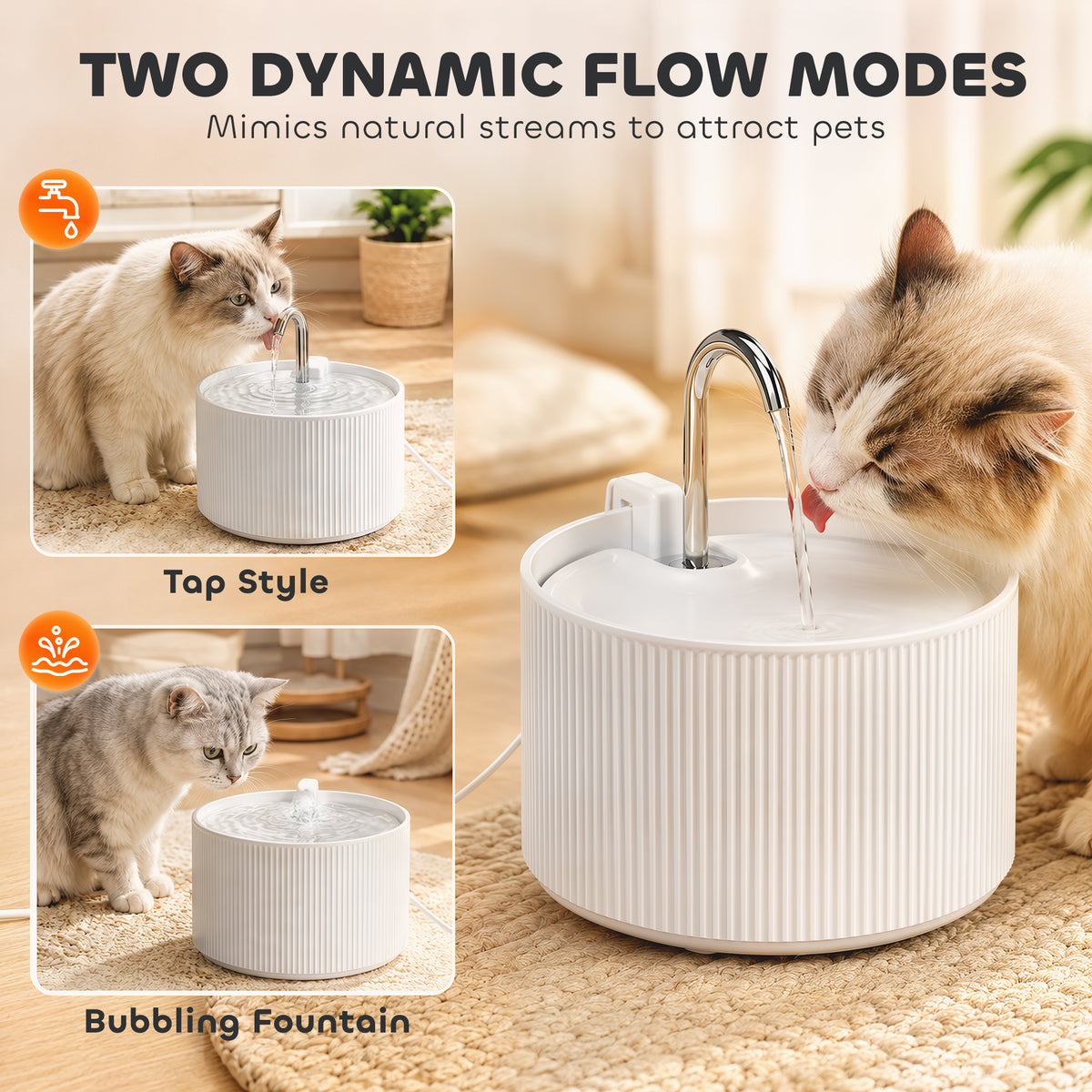 Ceramic Cat Water Fountain, 2.2L/74oz Pet Water Fountain with Ultra-Quiet Pump, 4-Layer Filtration, Faucet, White