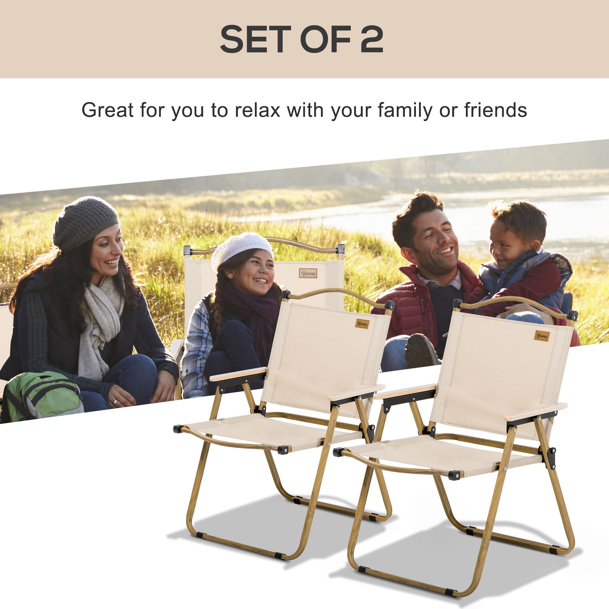 2 Pack Folding Camping Chair, Portable Beach Chairs Armchairs, Perfect for Festivals, Fishing, Picnic and Hiking, Khaki