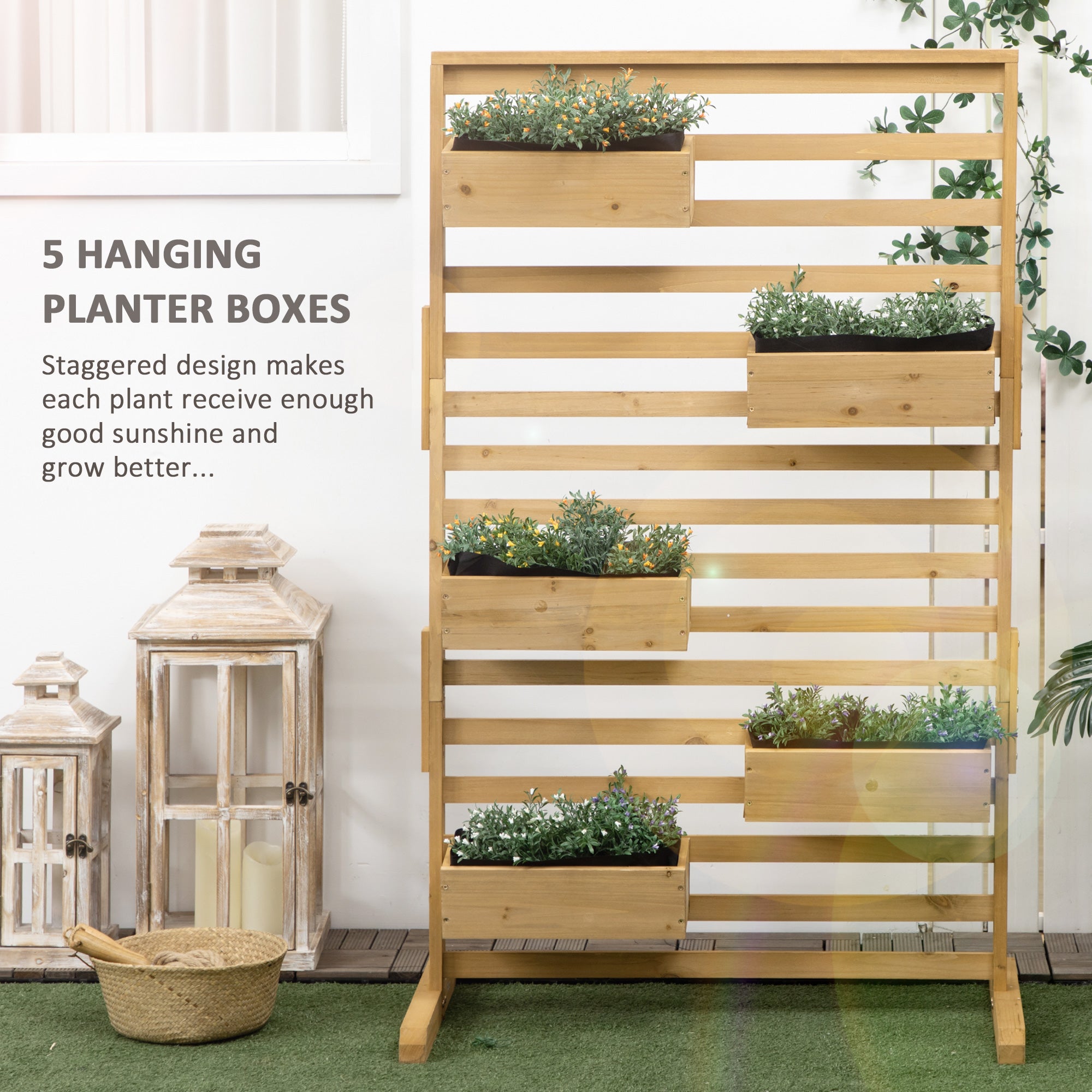Wooden Plant Trellis Stand with 5 Hanging Planter Boxes, Freestanding Outdoor Plant Stand for Patio, Garden, Balcony, Porch - Natural Wood - Image 4