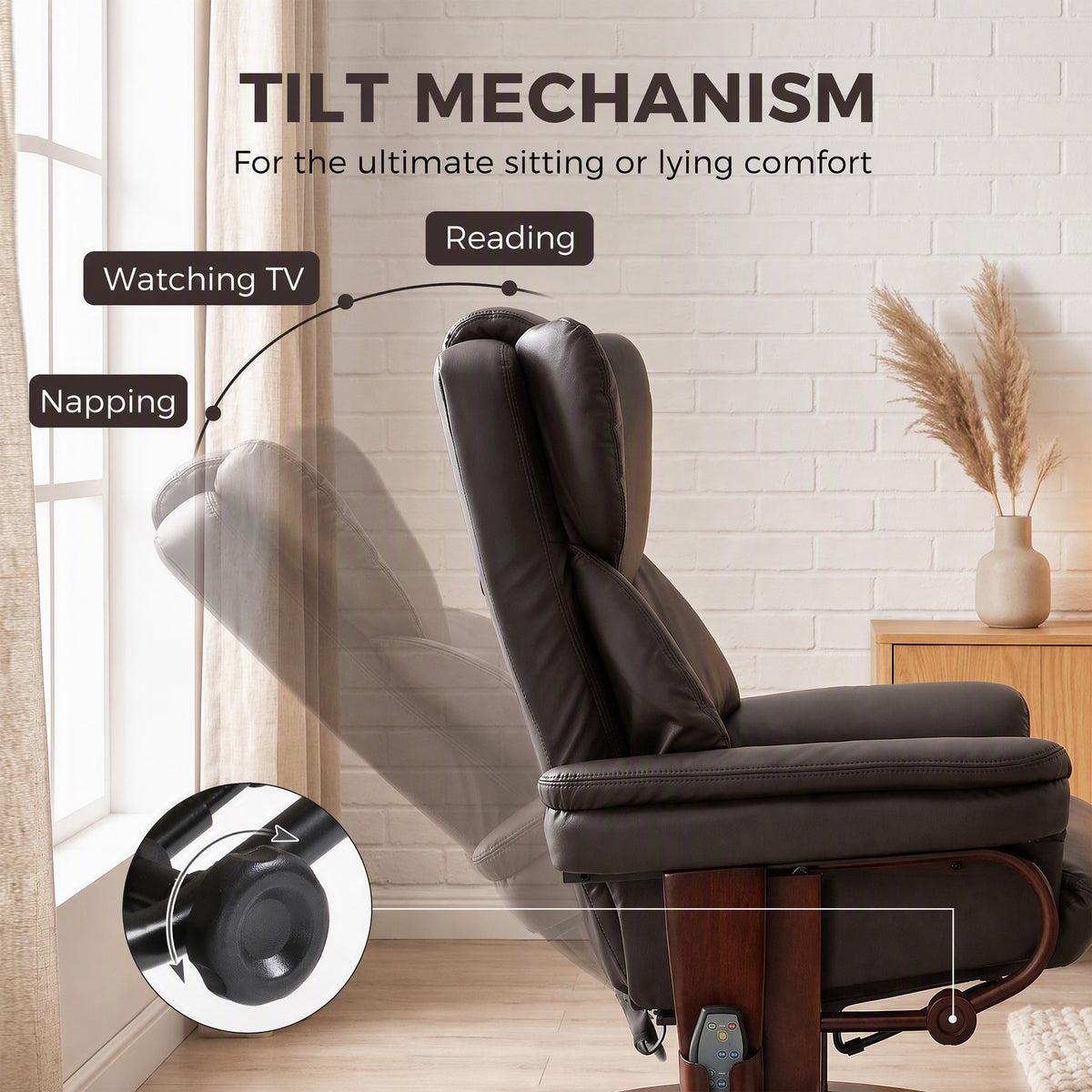 Massage Recliner Chair with Footrest, Swivel Armchair, Wrapped Wood Base, 10 Massage Points, Faux Leather, Black