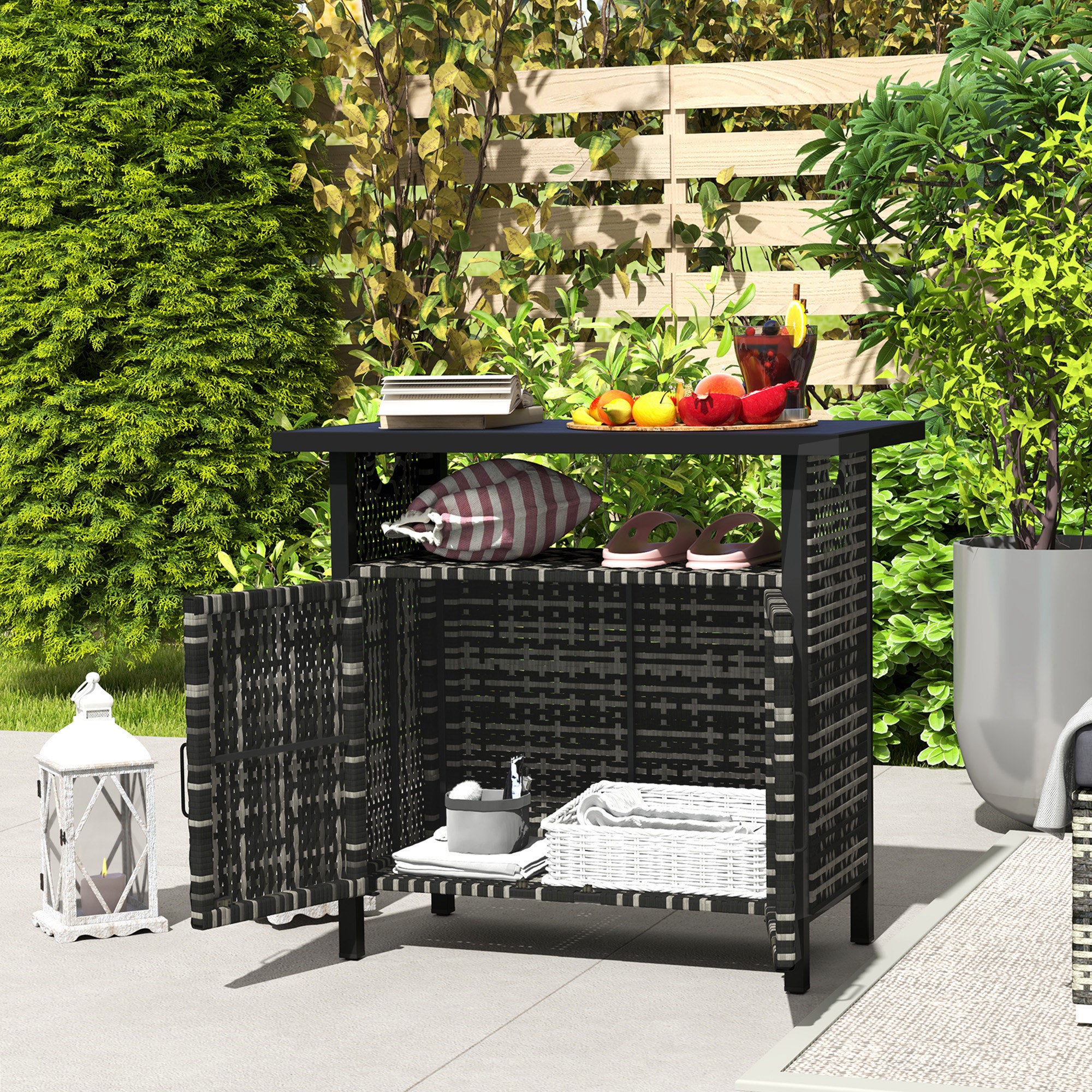 Outdoor Pool Towel Storage Cabinet Organizer, Outdoor Bar Table with Shelf and Cabinet, Pool Towel Holder Pool Valet with Weather-Resistant PE Rattan and Steel Frame, Mixed-Gray - Mixed-Gray - Image 8