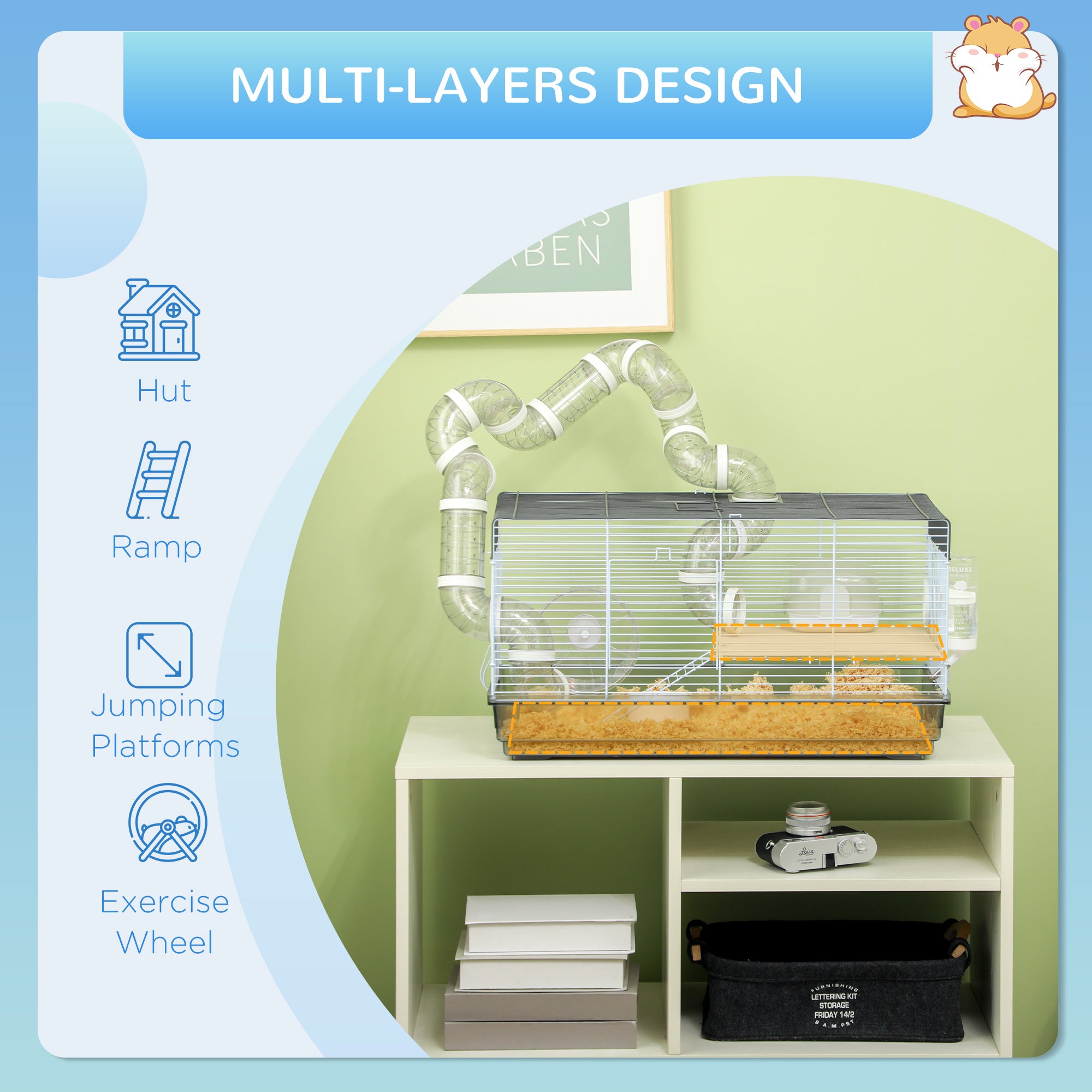 Small Animal Cage for Gerbil or Dwarf Hamster w/ Tubes, Exercise Wheel, Food Dish, Water Bottle, 23" x 13" x 12", Gray - Gray - Image 5