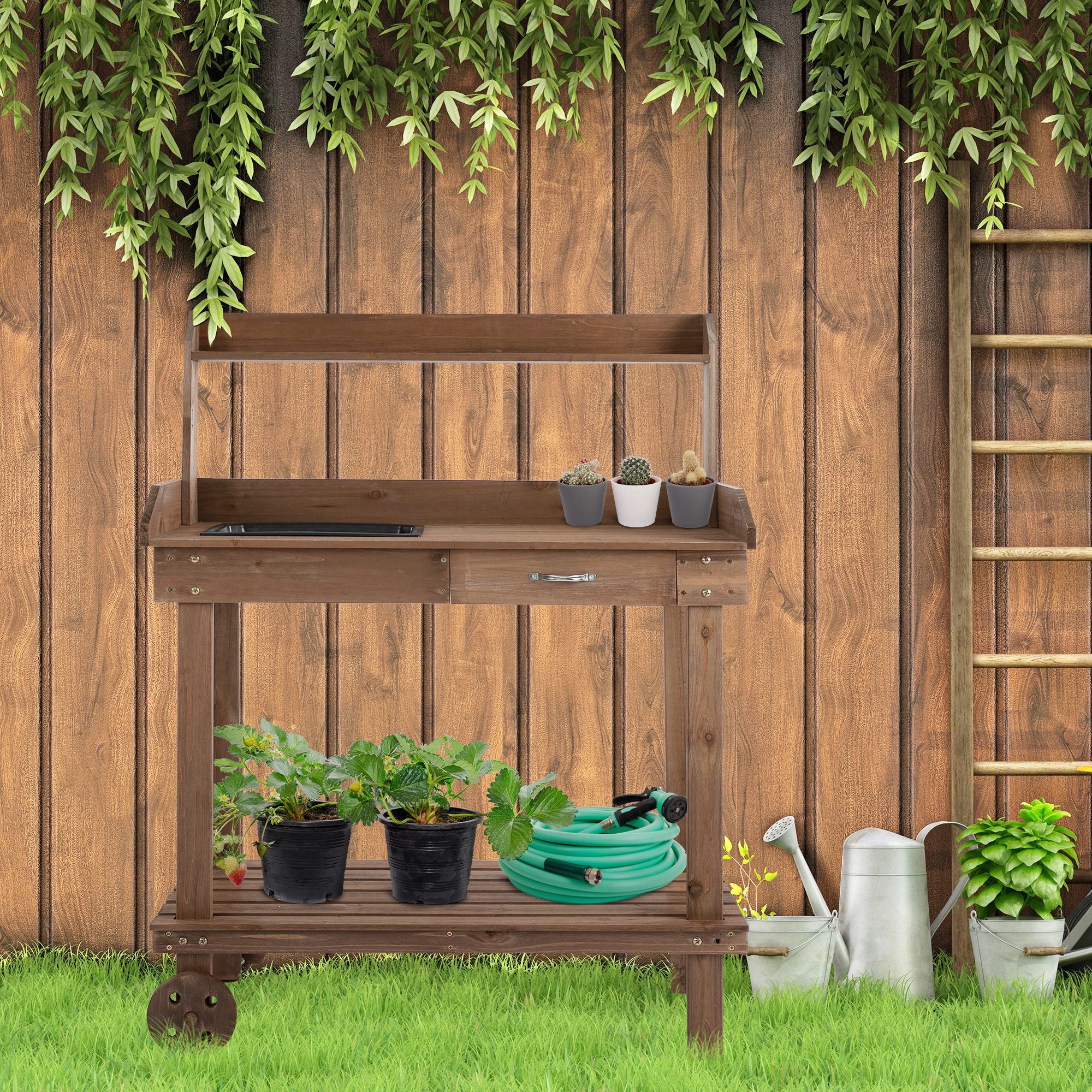 36" Wooden Potting Bench Work Table with 2 Removable Wheels, Garden Workstation with Removable Sink, Drawer & Large Storage Spaces, Brown - Brown - Image 2
