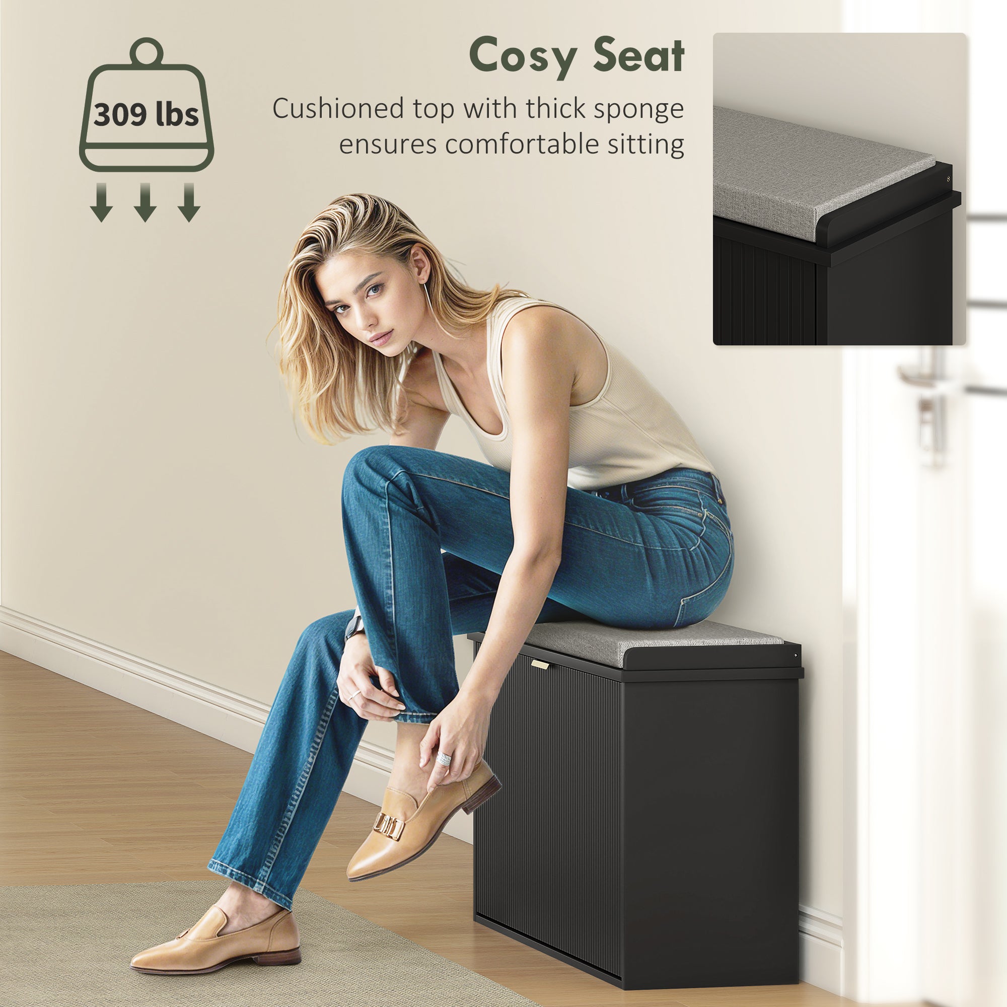 Shoe Storage Bench with Padded Seat Cushion and Flip-Drawer, Entryway Bench, Shoe Cabinet, 31.5x10.2x18.7 Inches, Black