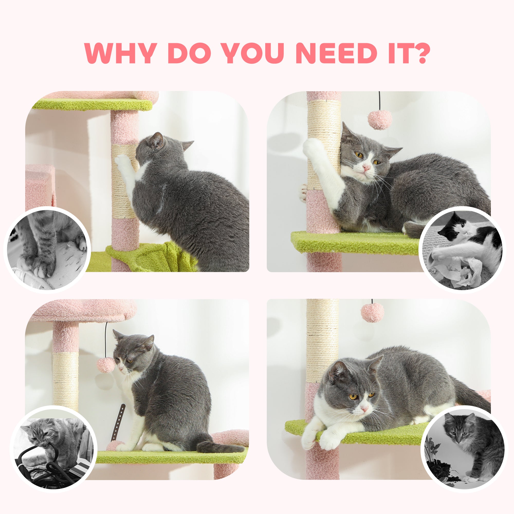 74" Flower Cat Tree, Large Cat Tower with Scratching Post & Board for Indoor Cats, Pink - Pink - Image 8