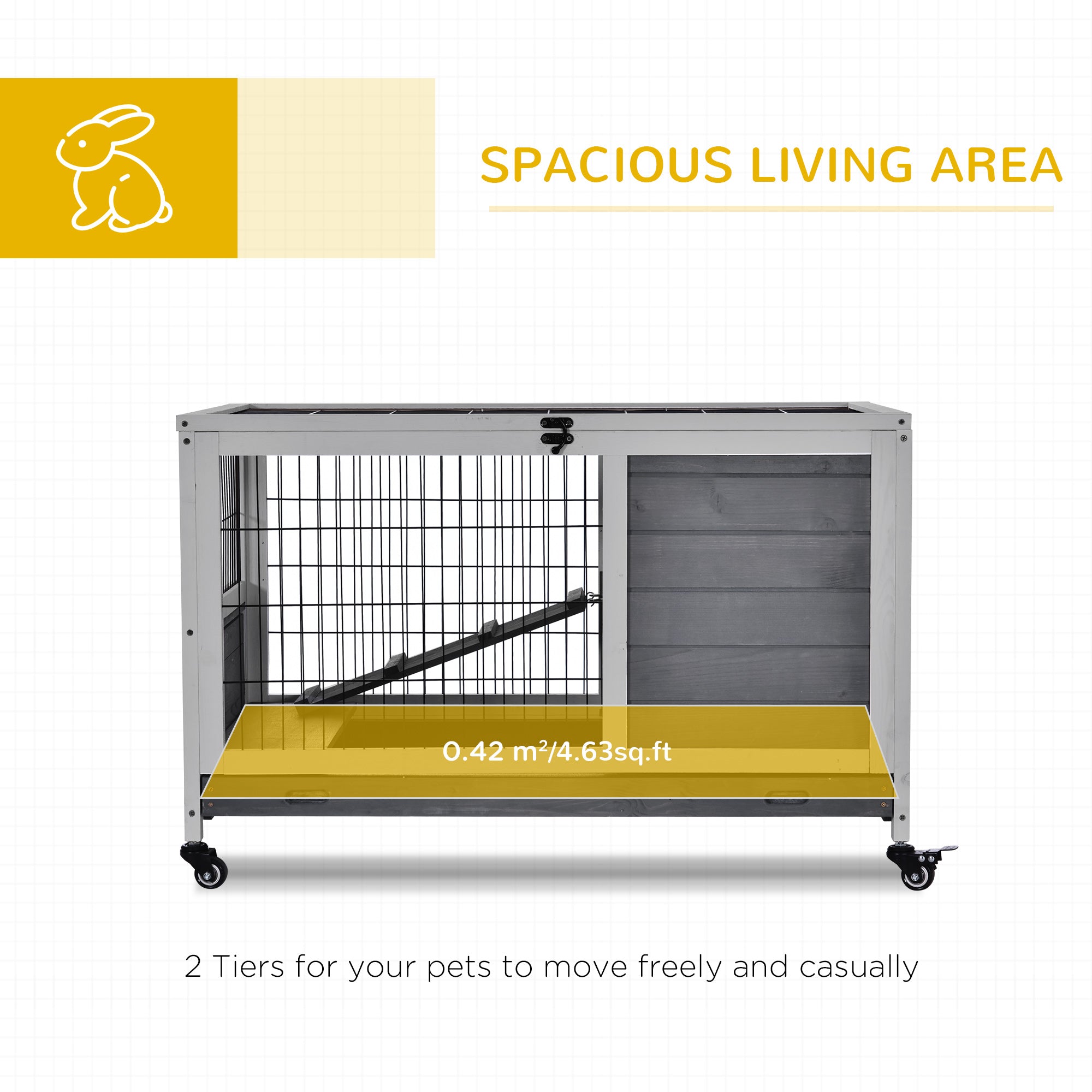 Indoor Rabbit Enclosure, Wooden Elevated Cage Habitat with Enclosed Run with Wheels - Ideal for Rabbits and Guinea Pigs - Grey - Image 4