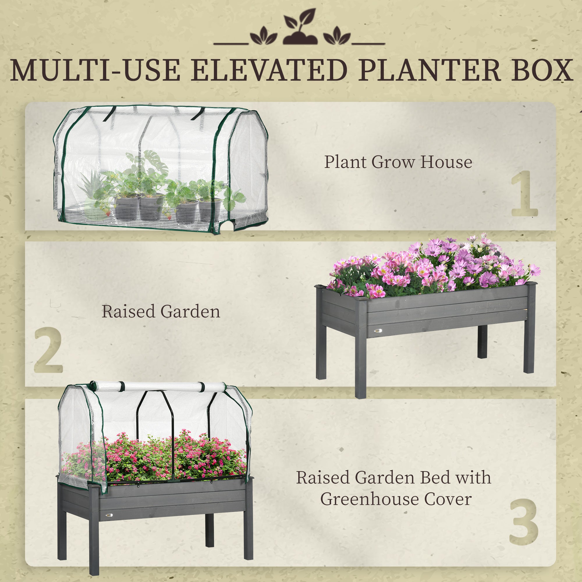 Raised Garden Bed with PE Greenhouse Cover Outdoor Planter Box for Herbs and Vegetables, 48 x 22 x 46 inch, Dark Gray - Dark Gray - Image 6