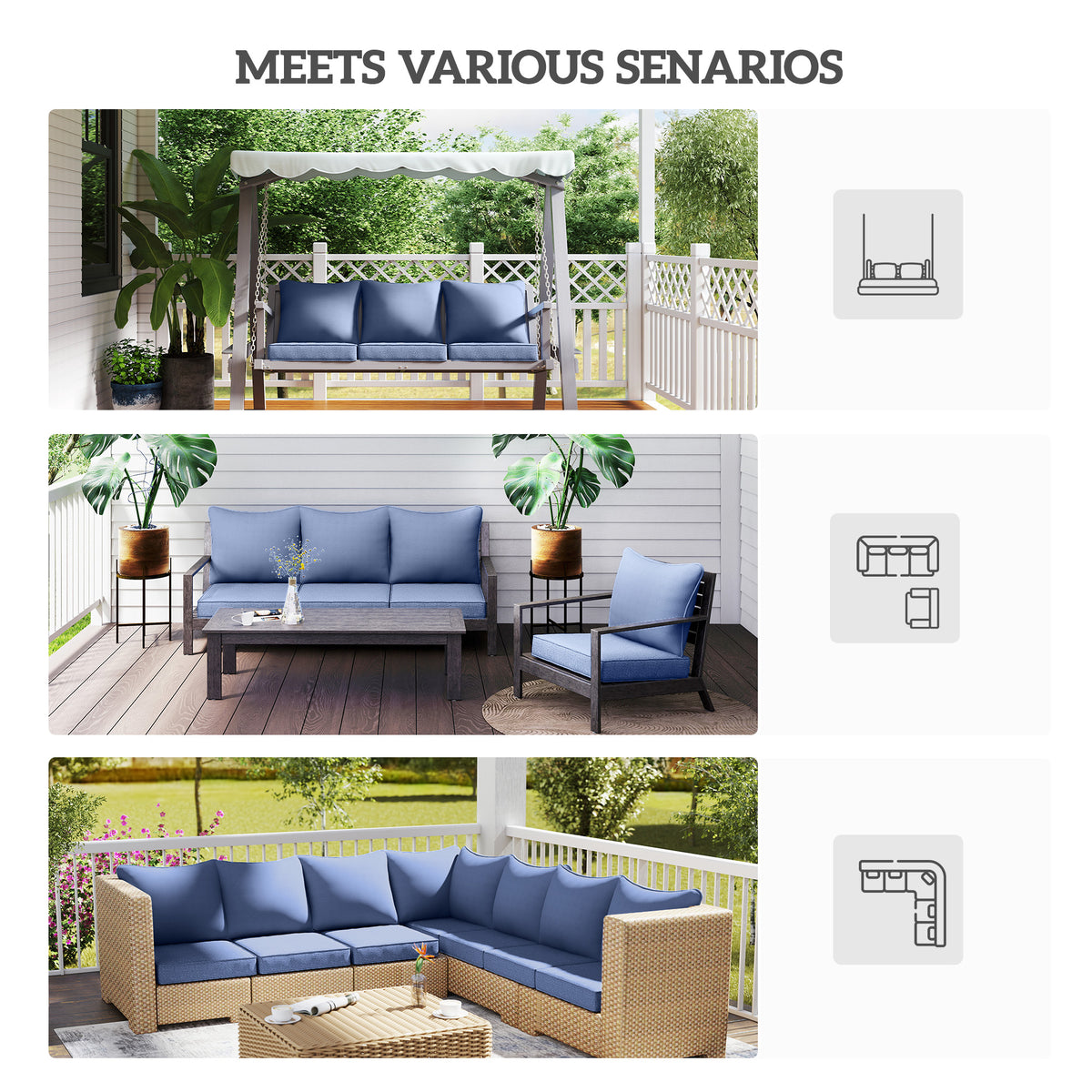 Patio Chair Cushions Set of 2 with Seat & Backrest, Fade Resistant Seat Replacement Cushion Set, Blue