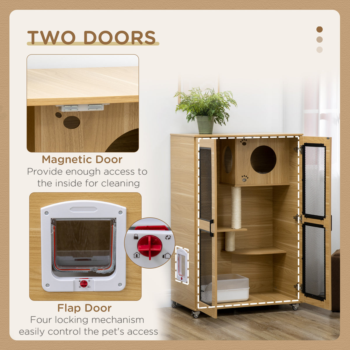 Luxury Cat House with Wheels, Kitty Cage Catio Villa for Indoor Cats with Scratching Posts, Condo, Flap Door, Cushion, Oak, 31.5" x 20" x 48.5"