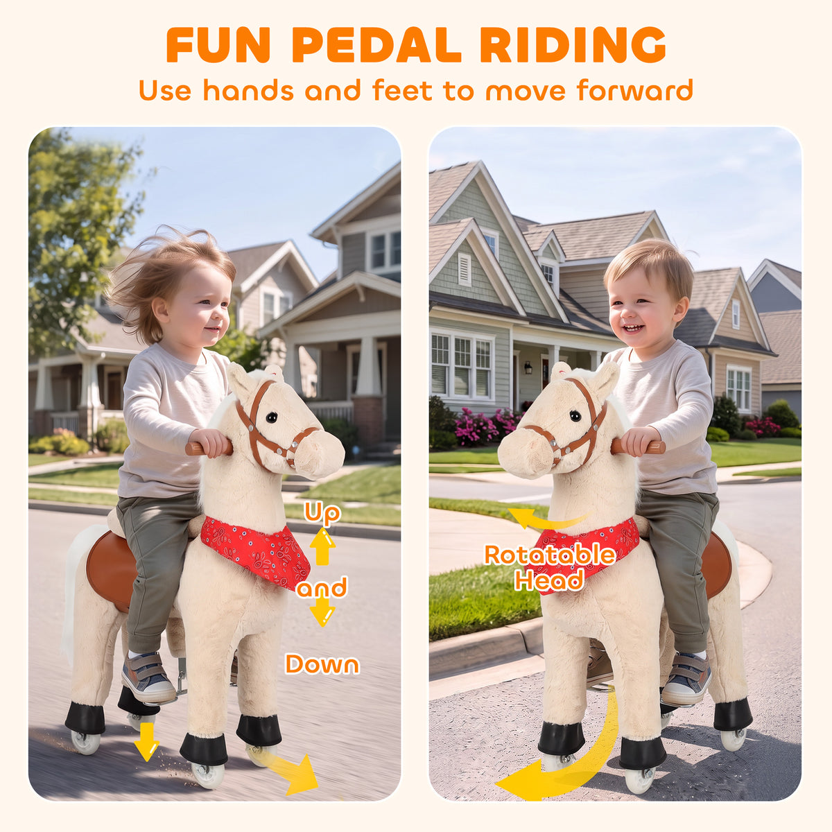 Ride on Horse for Kids 2+ Years, 29.5" Height Plush Ride On Pony with Rotatable Head and Neighing Sounds, Light Brown