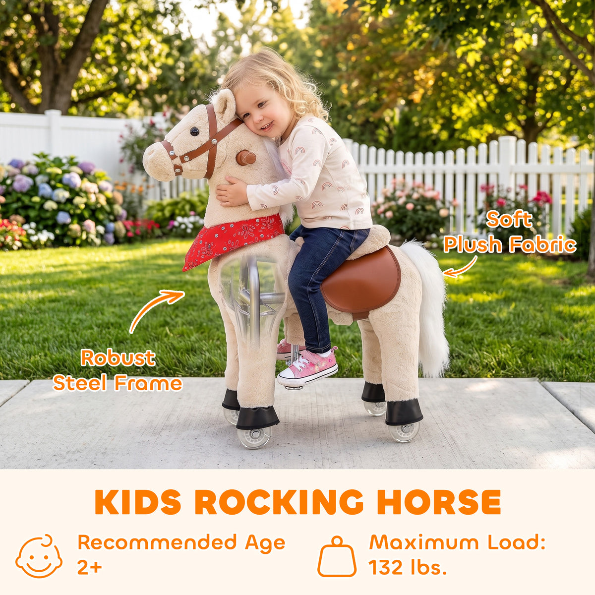 Ride on Horse for Kids 2+ Years, 29.5" Height Plush Ride On Pony with Rotatable Head and Neighing Sounds, Light Brown