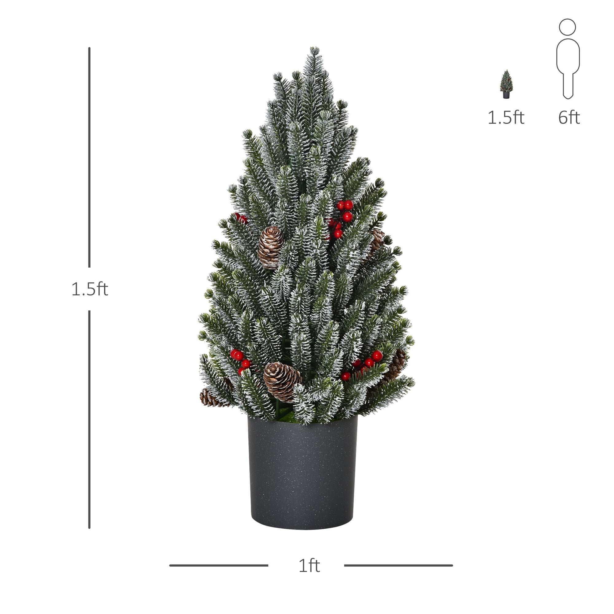 18" Tall Unlit Miniature Snow-Flocked Tabletop Artificial Christmas Tree, Holiday Decoration with Pine Cones and Berries