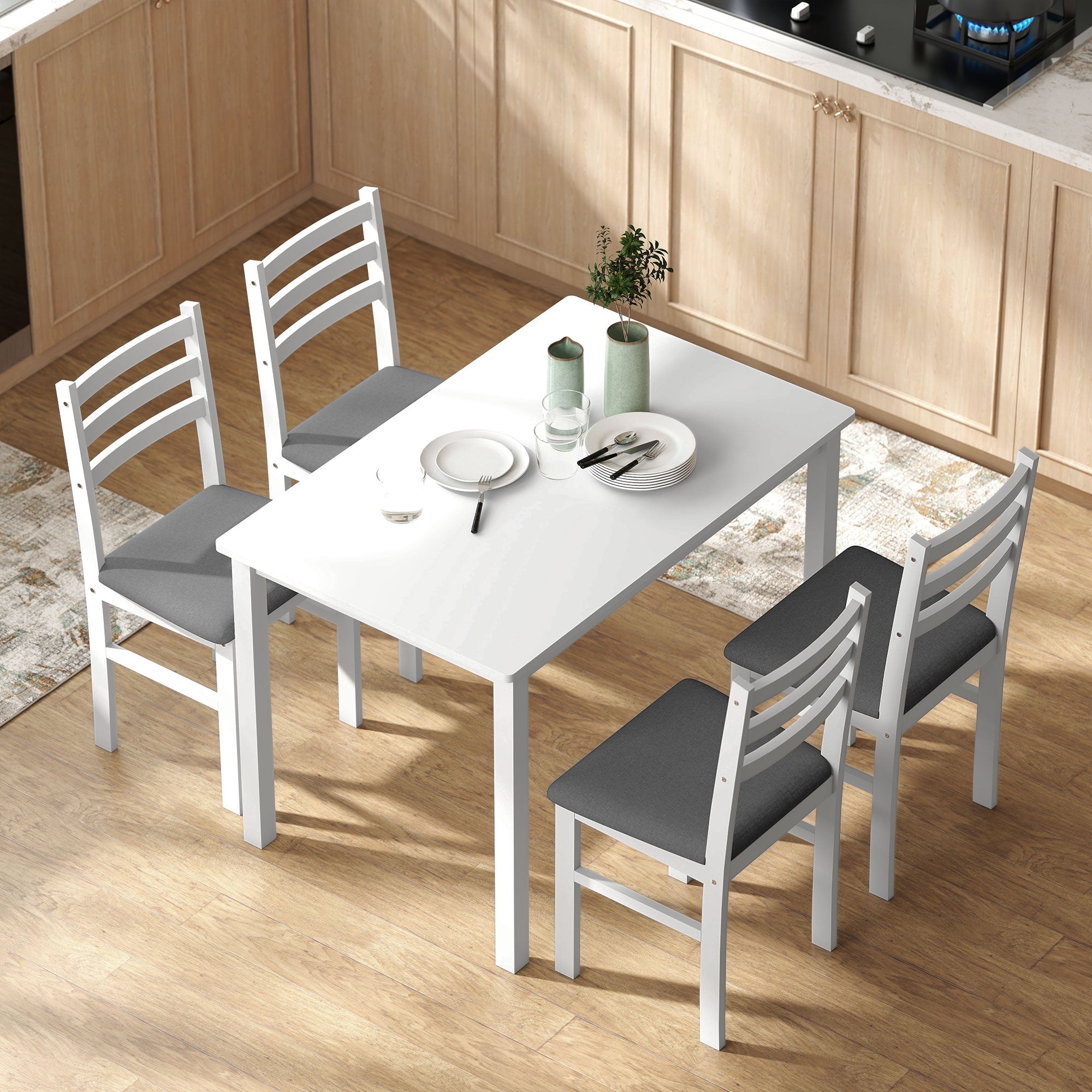 5-Piece Small Kitchen Table Set for 4, Farmhouse Dining Table Set with Upholstered Chairs and Rubber Wood Legs, White