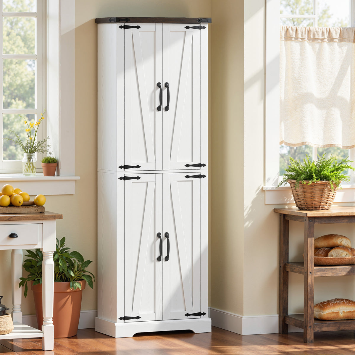 72" Tall Pantry Cabinet, Farmhouse Freestanding Kitchen Storage Cabinet with Adjustable Shelves for Dining Room, White