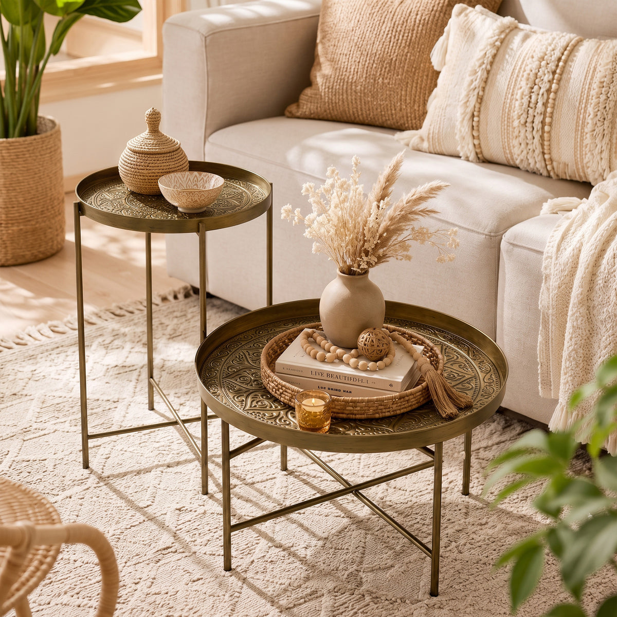 Coffee Table Set for Living Room, Round Center Table Set with Hammered Tray Top and Metal Frame for Bedroom, Gold