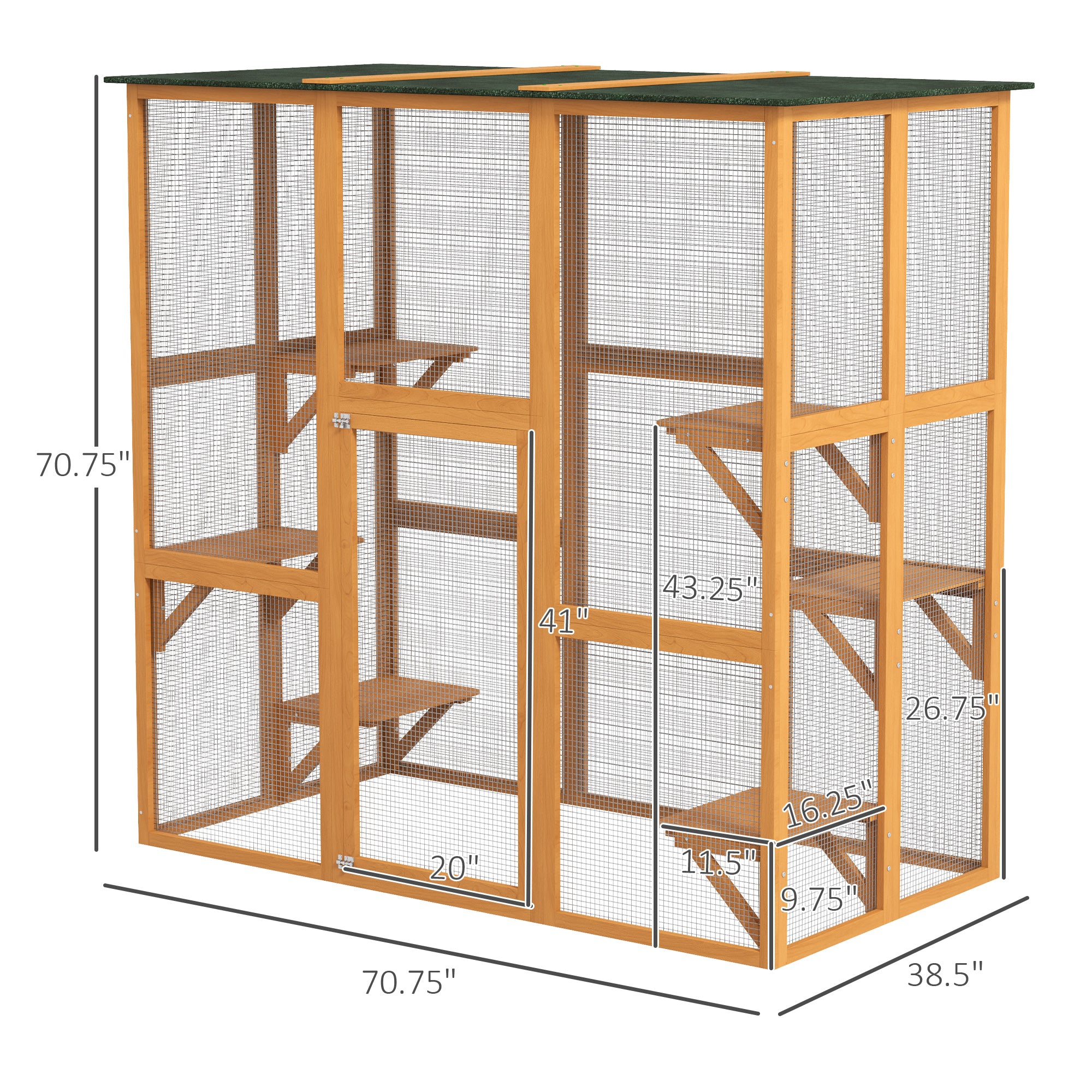 Outdoor Cat House Big Catio Wooden Feral Cat Shelter Enclosure with Large Spacious Interior, 6 High Ledges, Weather Protection Asphalt Roof, 71" L, Orange - Orange - Image 3