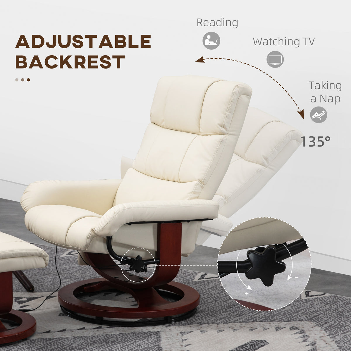 Swivel Recliner with Ottoman Massage, Recliner Chair and Ottoman, Faux Leather Reclining Chair with Remote, Cream White