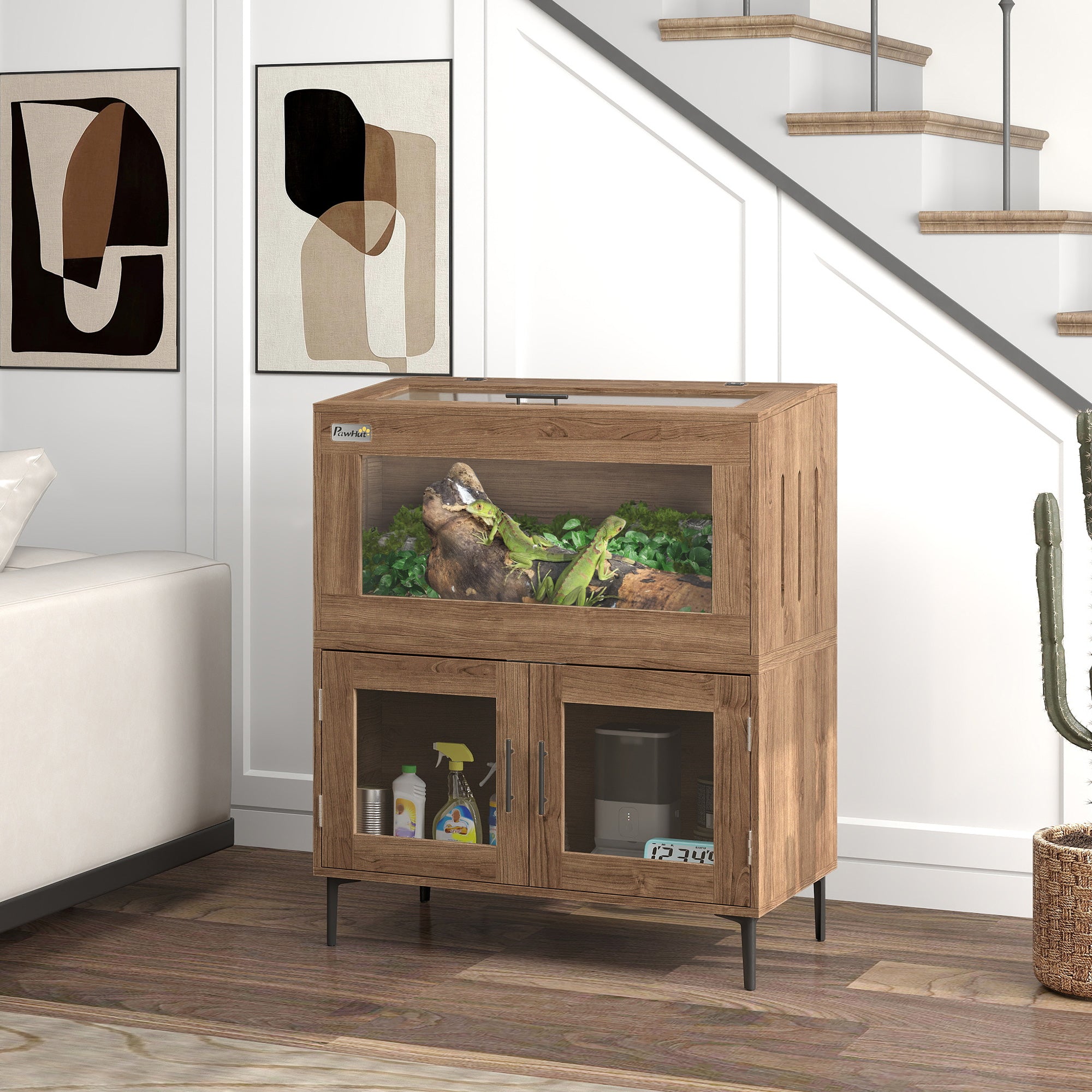 30 Gallon Stackable Reptile Tank w/ Storage Cabinet, Top Opening, for Bearded Dragon, Lizard, Snake, Hamster - Brown - Image 2