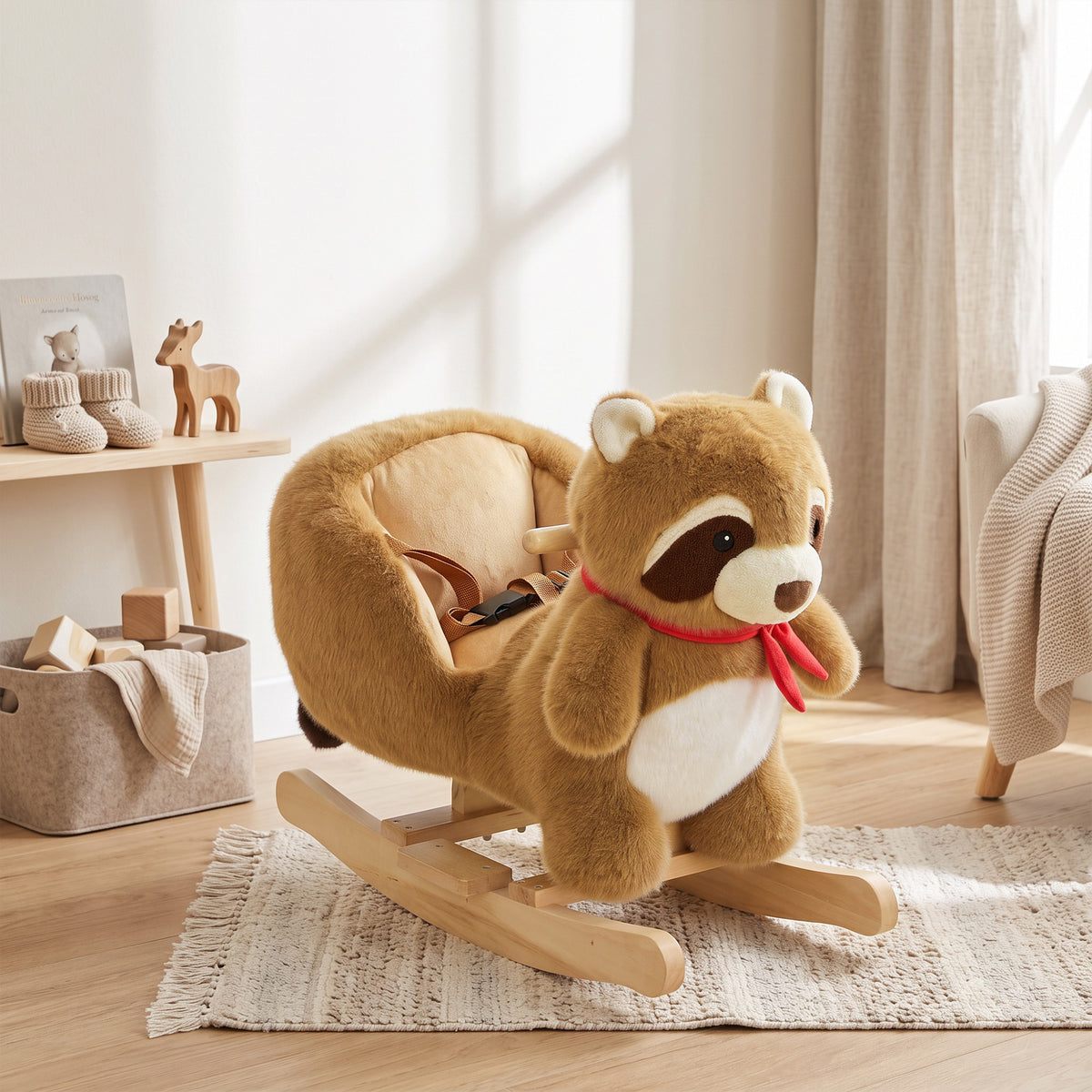 Raccoon Baby Rocking Horse, Kids Plush Ride-On Toy with Realistic Sounds and Safety Belt, Brown
