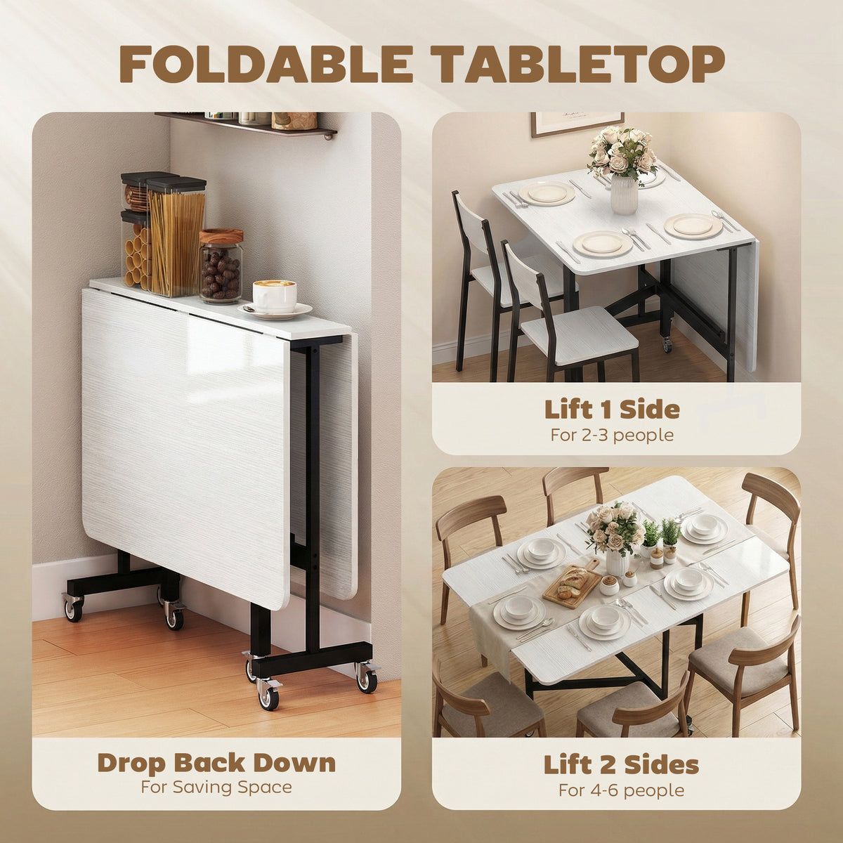 Drop-Leaf Table for Small Spaces, Extendable Kitchen Table with 6 Smooth Wheels & Brakes, Space-Saving Design, White