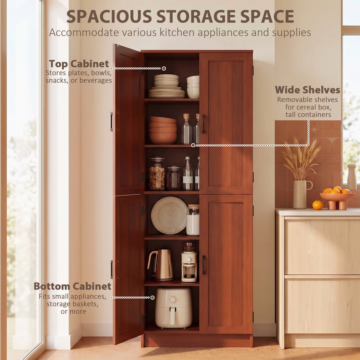 Freestanding Kitchen Pantry, 4-Door Kitchen Pantry Cabinet with Adjustable Shelves and Doors, Dark Brown