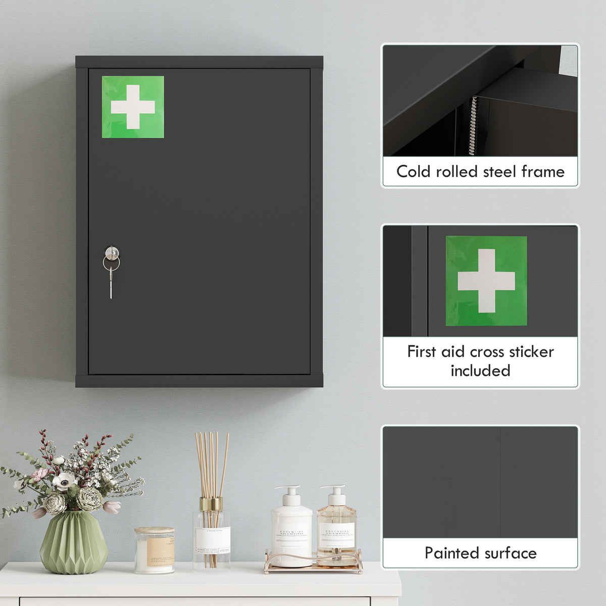 16" x 21" Lockable Medicine Cabinet, 3 Tier Steel Medical Wall Box with 2 Keys and Shelves for Bathroom, Black