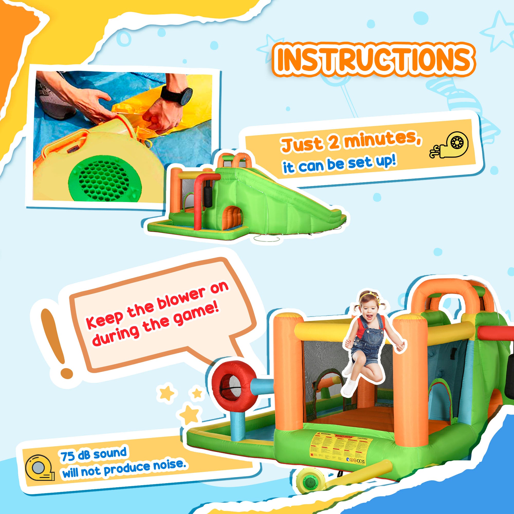 7-in-1 Inflatable Water Slide, Kids Castle Bounce House Includes Slide, trampoline, Pool, Water Cannon, Ball-target, Boxing Post, Tunnel with Carry Bag, Repair Patches, 750W Air Blower