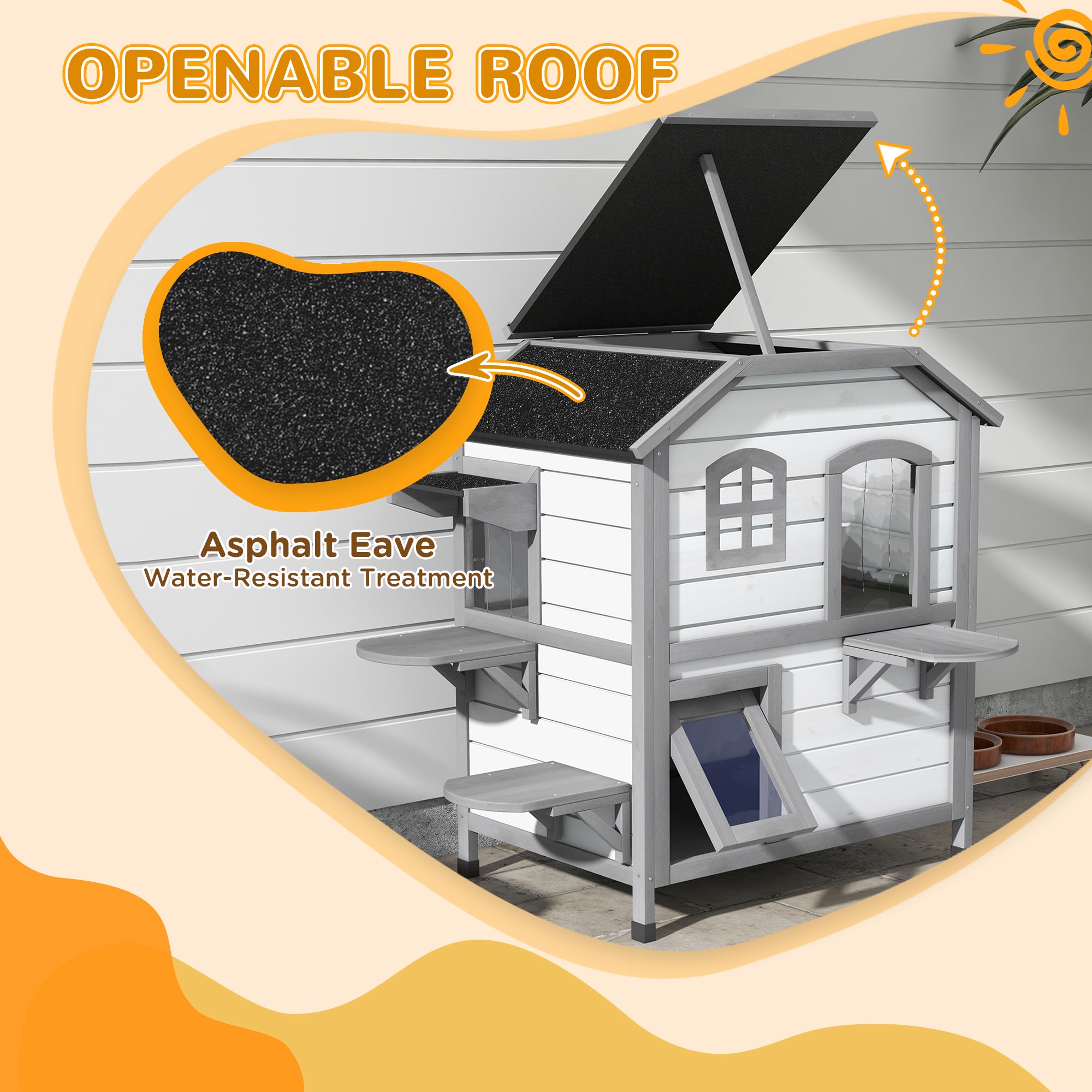 2-story Cat House Outdoor, Weatherproof Wooden Cat Enclosure for Feral Cats with Escape Door, Openable Roof, Jumping Platforms, White - White - Image 4