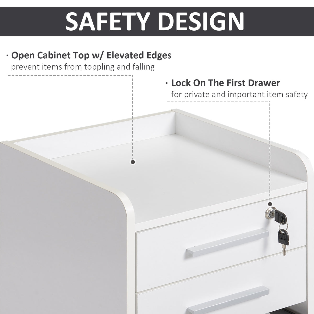 Lockable Filing Cabinet on Wheels, 3 Drawer Mobile File Cabinet with Lock and Edged Top, White