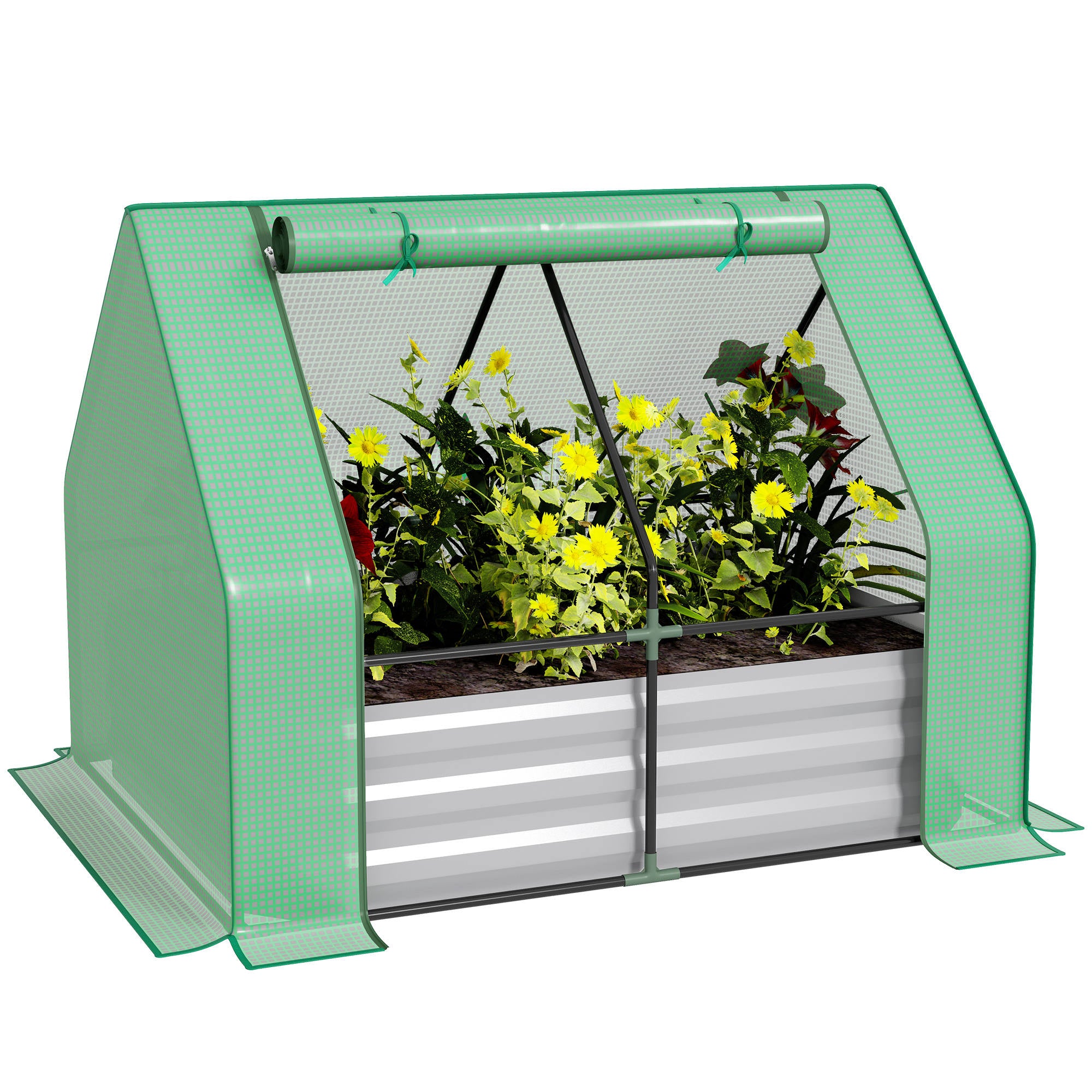 4 x 3 x 3ft Raised Garden Bed with Mini Greenhouse, Galvanized Raised Garden Bed with Cover for Herbs and Vegetables, Small Greenhouse for Patio Garden Balcony, Green - Green