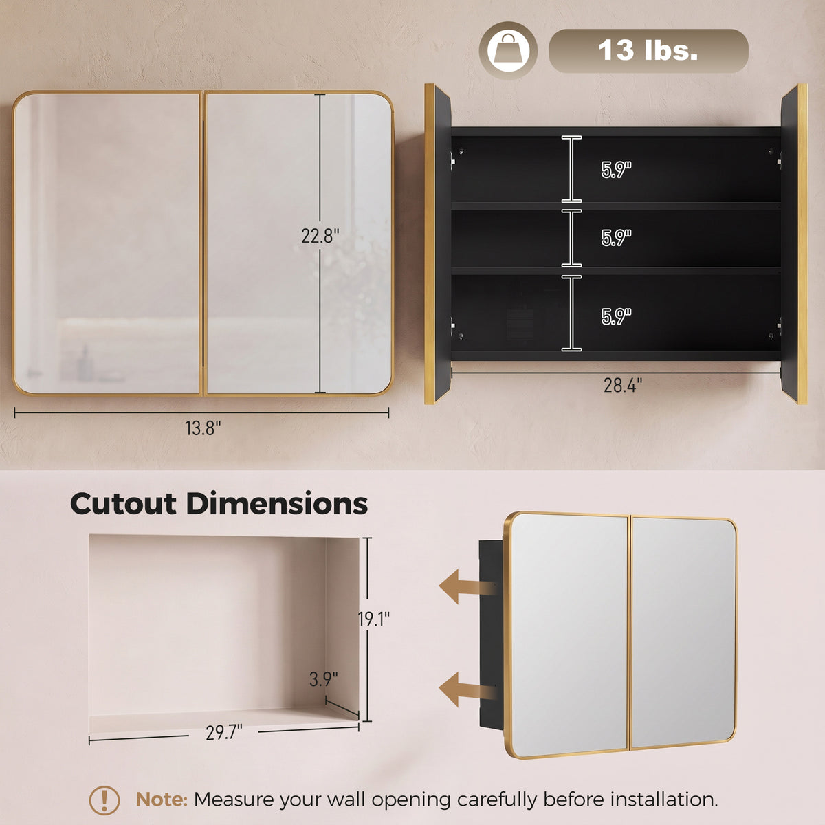 30" x 24" Medicine Cabinet with Mirror, Bathroom Mirror Cabinet with Adjustable Shelves, Wall-Mounted or Recessed, Gold 