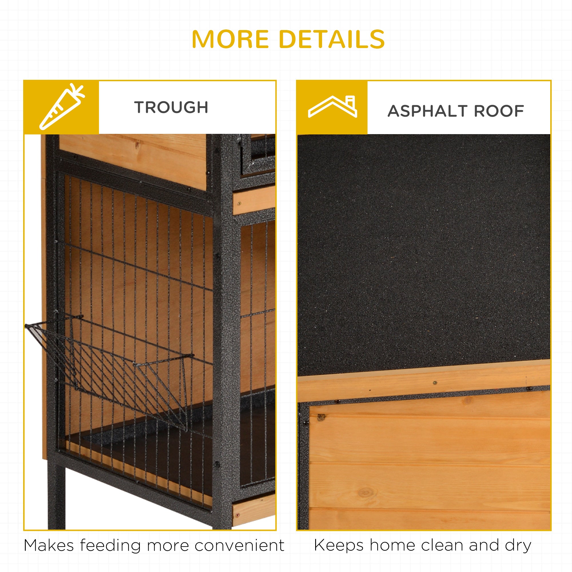 48" 2-Story Large Rabbit Hutch Bunny Cage Wooden Pet House Metal Frame with Rooms, Ramp, No Leak Tray, Feeding Trough, Waterproof Asphalt Roof for Rabbits, Chickens, Ducks, Outdoor/Indoor - Light yellow - Image 8