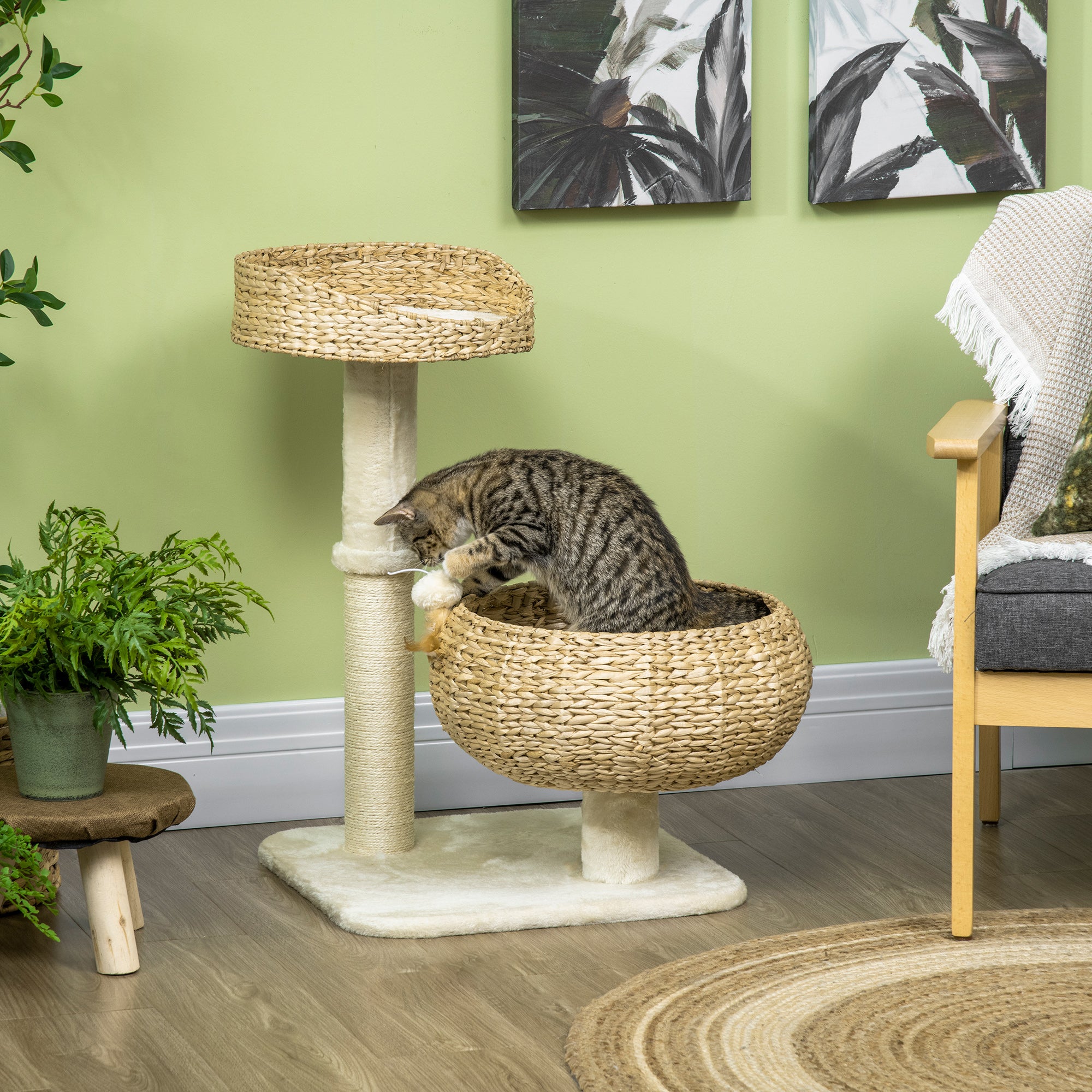 28" Elevated Cat Bed with Sisal Scratching Post for Indoor Kitties, Modern Cat Tree with Cute Basket Design, Small Cat Tree with Fun Ball Toy - Beige - Image 2
