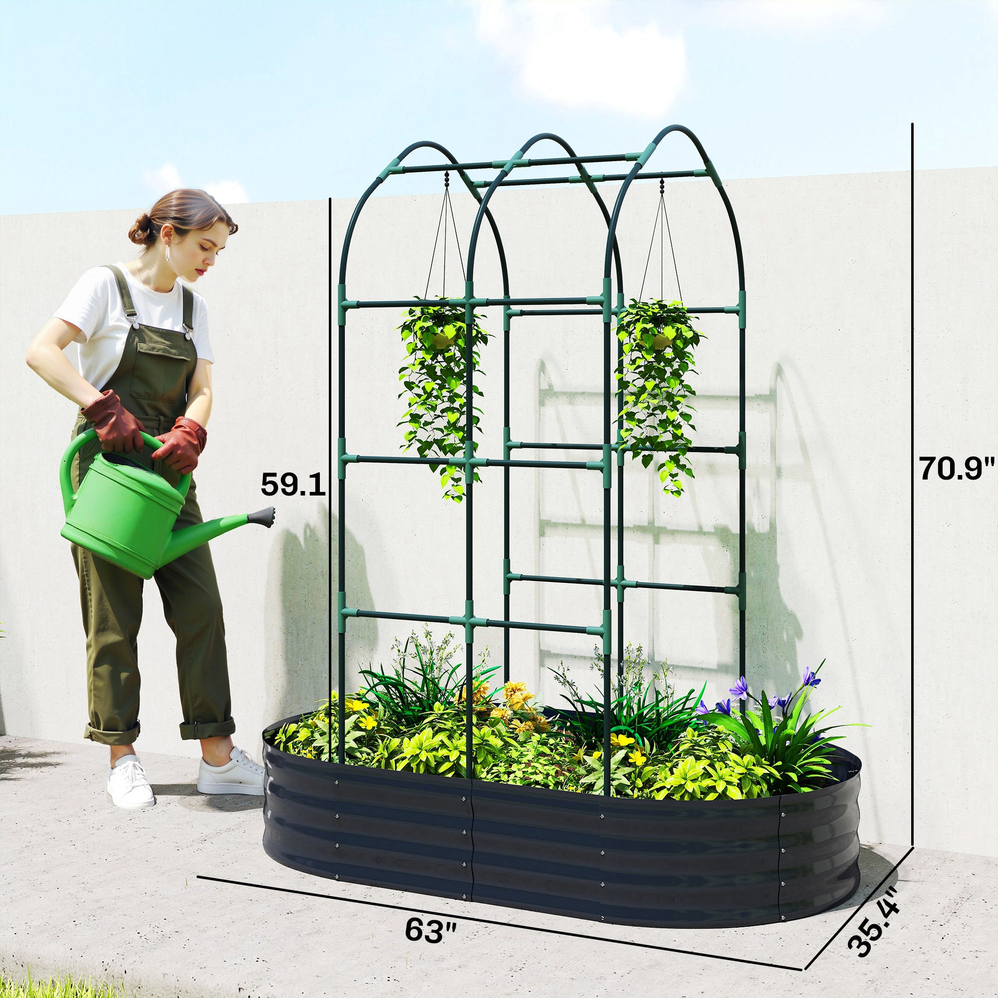 Galvanised Raised Garden Bed with Arched Trellis, 5 x 3 x 6ft Metal Outdoor Planter Box with Open Bottom, Dark Gray - Dark Gray - Image 3