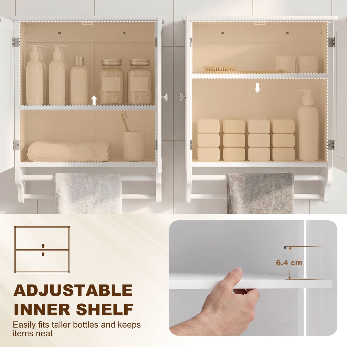 Bathroom Wall Cabinet, Medicine Cabinet with Adjustable Shelf, 2 Doors & Towel Racks, 23.8" x 8.9" x 25.2", White