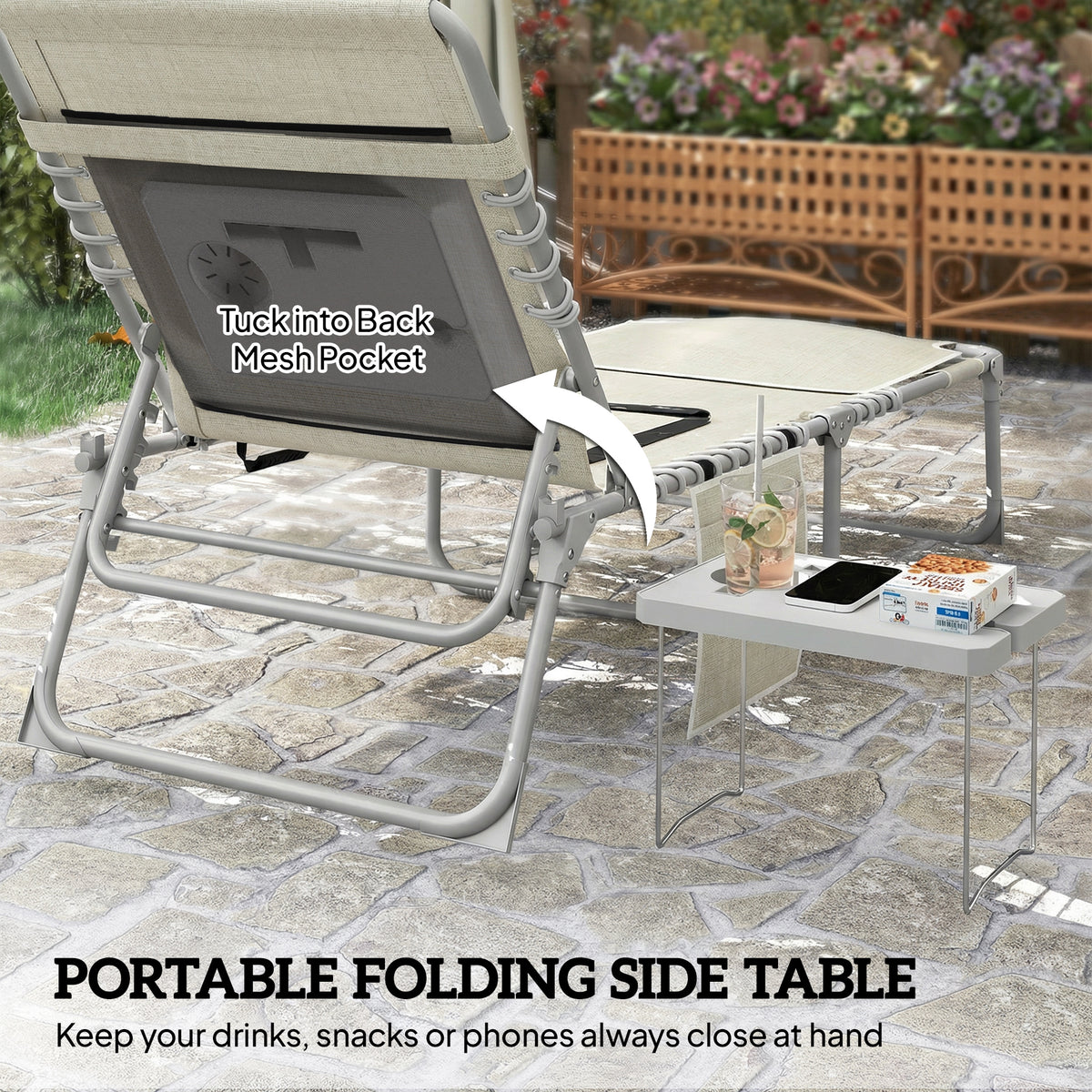 Tanning Chair with Face Hole and Side Table, 5-Position Folding Outdoor Chaise Lounge Chair, Beige