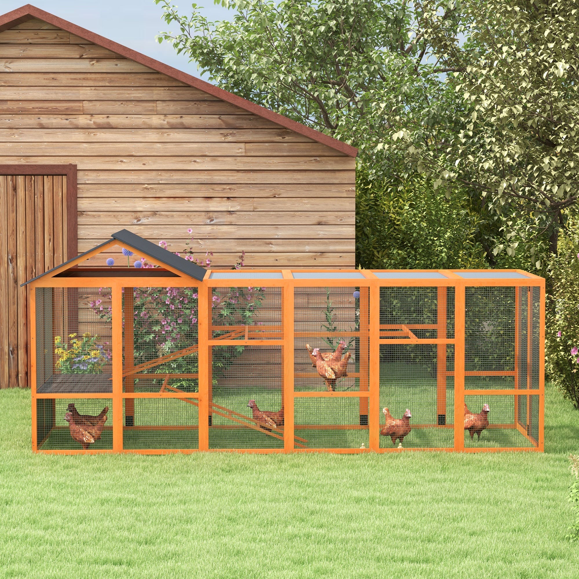 Wooden Chicken Coop Run for 6 - 10 Chickens, Hen House Add-On with Storage, Perches, 141.75" x 48" x 61", Orange - Orange - Image 7
