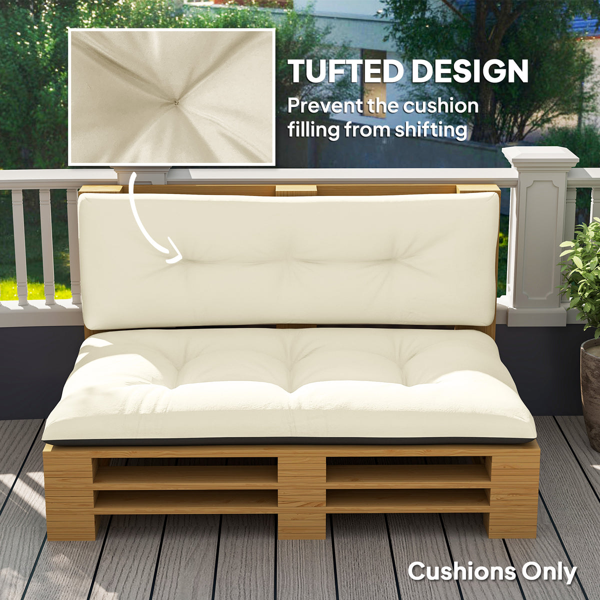 2 Seater Pallet Cushions Outdoor 3.9" Thick Replacement Cushions - Tufted Design for Garden, Patio, Cream White