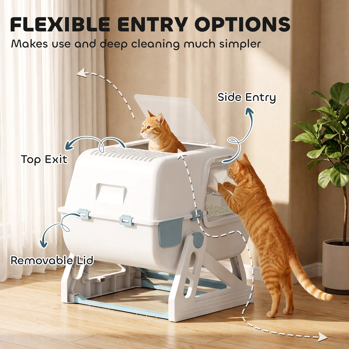 Semi-Automatic Quick Cleaning Cat Litter Box with Lid, Enclosed Cat Litter Box, Flip-to-Clean, Light Blue