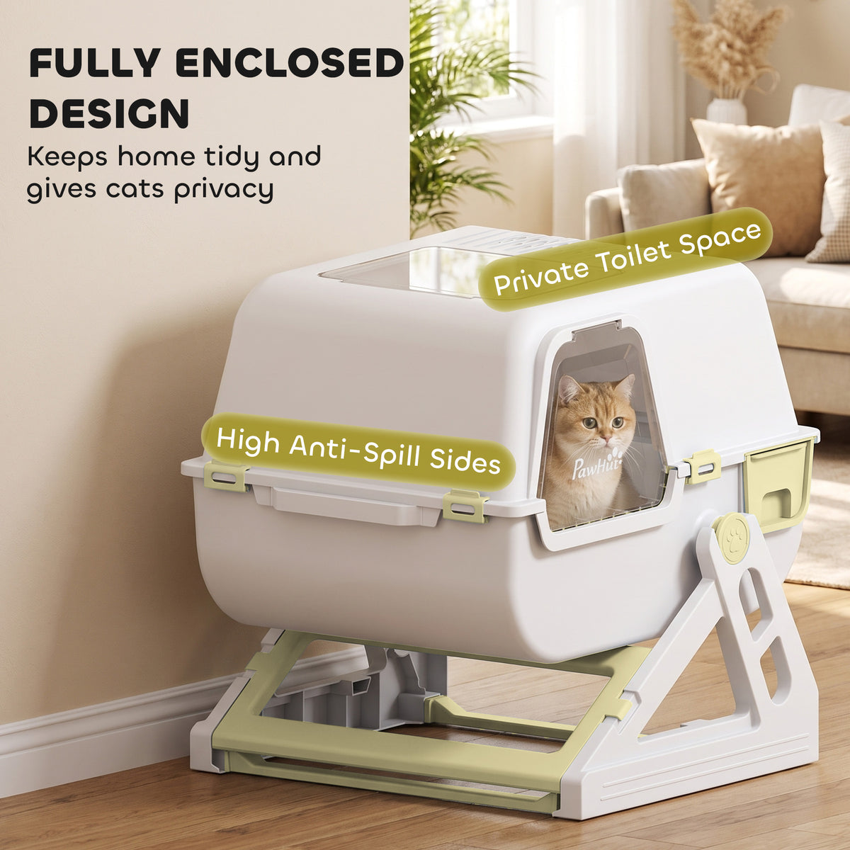 Semi-Automatic Quick Cleaning Cat Litter Box with Lid, Enclosed Cat Litter Box, Flip-to-Clean, Yellow