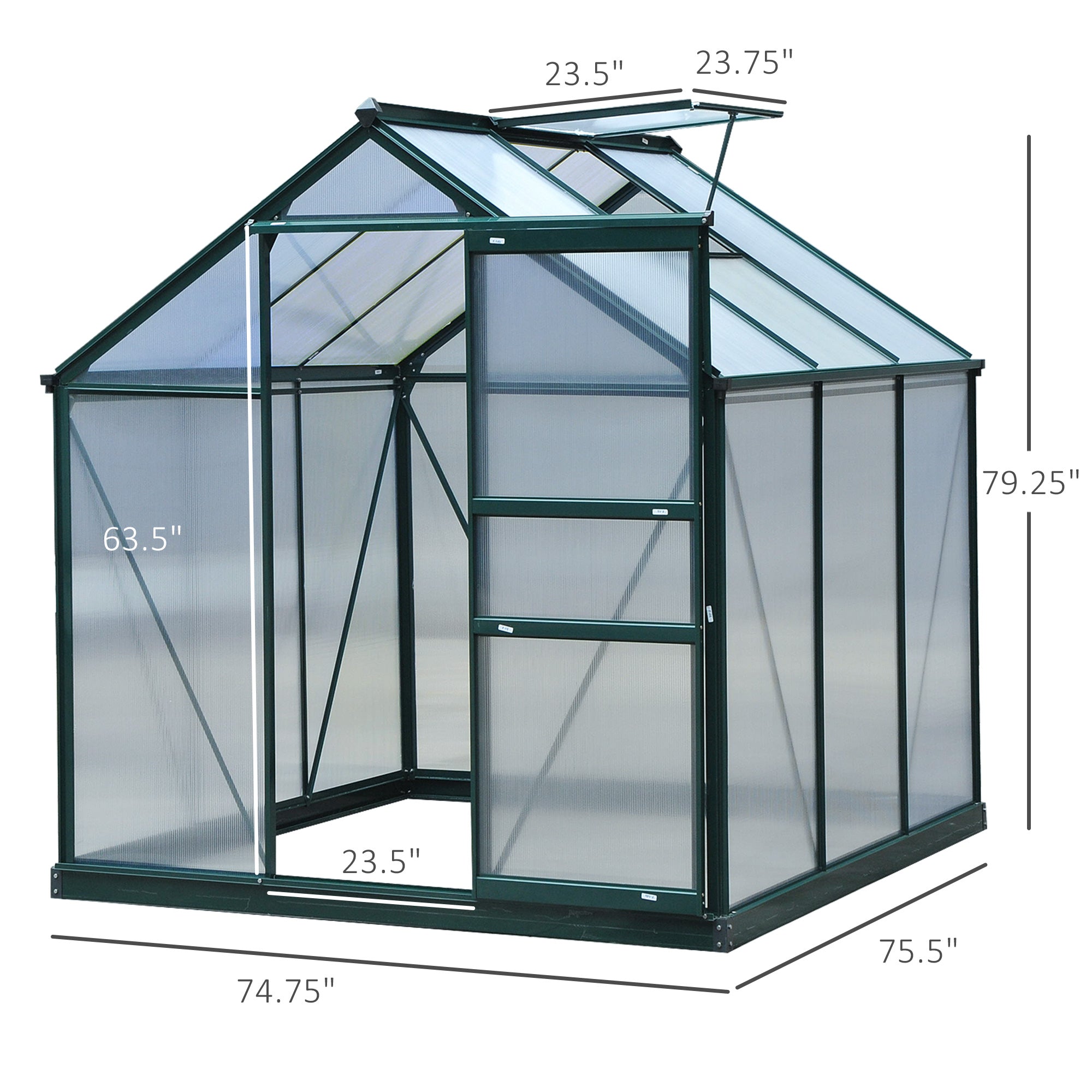 6' x 6' Greenhouse for Outdoors, Polycarbonate Greenhouse with Rain Gutter and Roof Vent, Aluminum Walk-in Green Houses for Outside for Patio Backyard Garden, Dark Green - Dark Green - Image 3