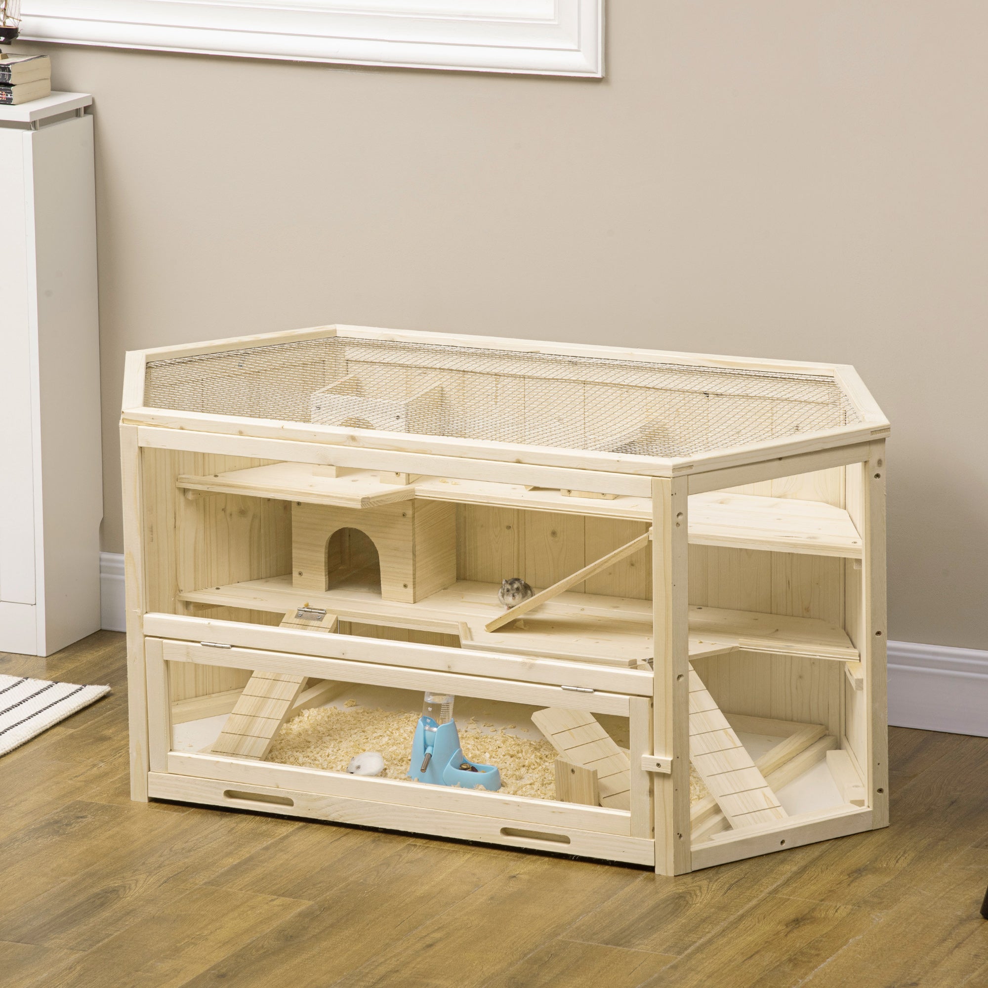 Wooden Large Hamster Cage Small Animal Exercise Play House 3 Tier with Tray, Seesaws, Water Bottle, Activity Center, Natural - Natural Wood - Image 8