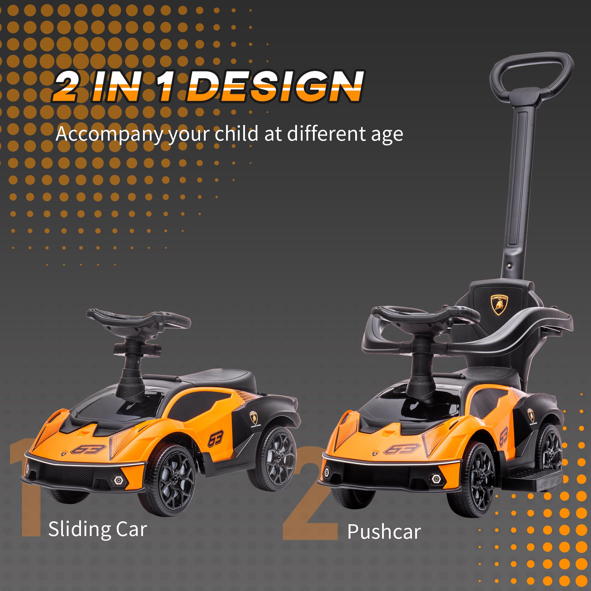 2-in-1 Ride On Push Car for Toddlers 1-3, Licensed Lamborghini Stroller Sliding Car, Push-Along with Under Seat Storage Horn Engine Sound and Steering Wheel, Manual, Orange