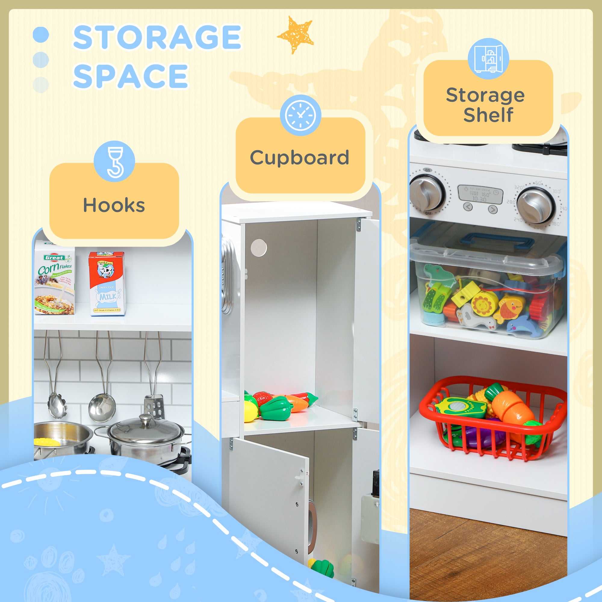 Pretend Play Kitchen, Kids Kitchen Playset with Play Phone, Chalkboard, Towel Rack & Ice Maker for 3-8 Years White
