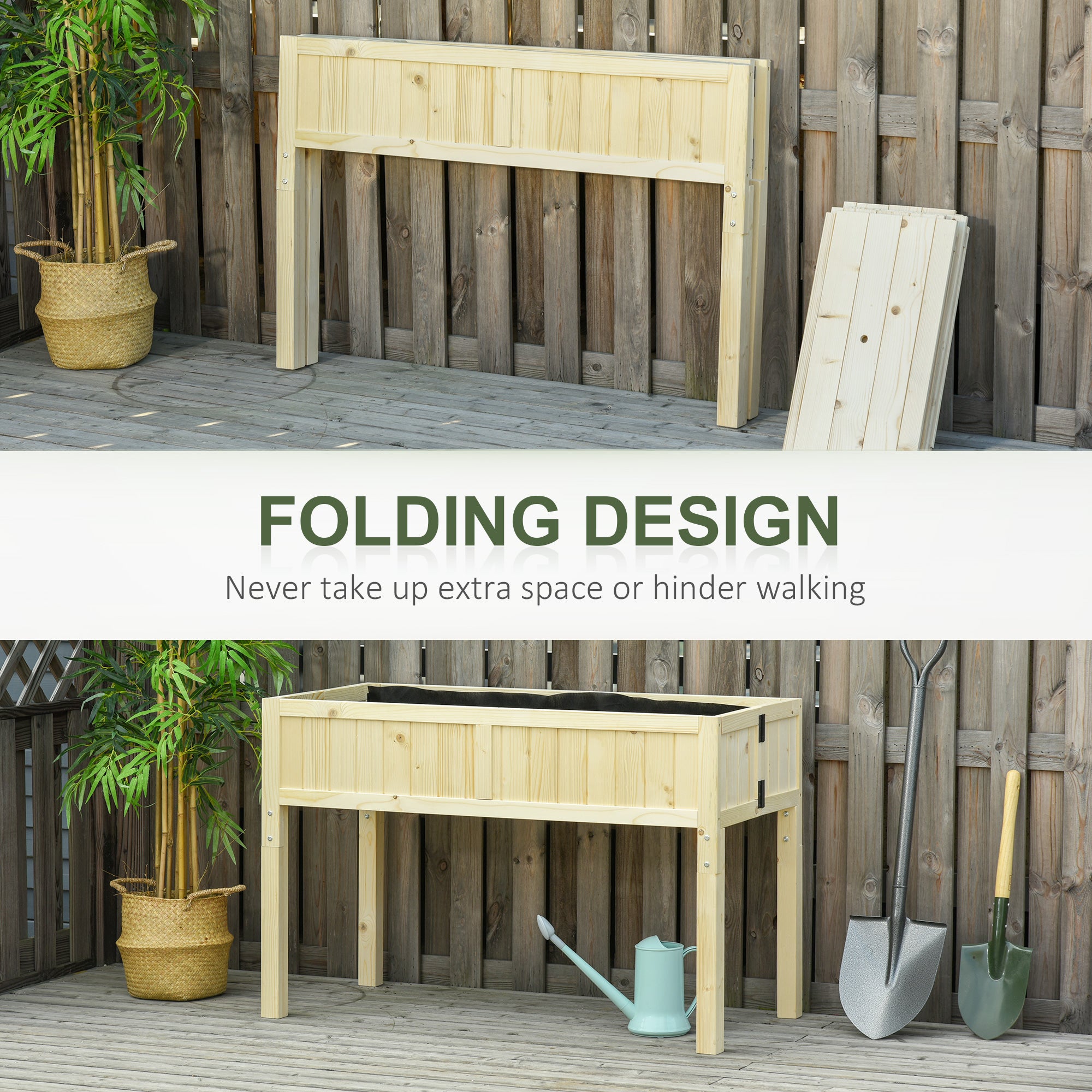 Raised Garden Bed Elevated Wooden Planter Box with Space-Saving Folding Design, Drainage Holes, & Inner Liner for Vegetable Fruit Herb Grow - Wood color - Image 4