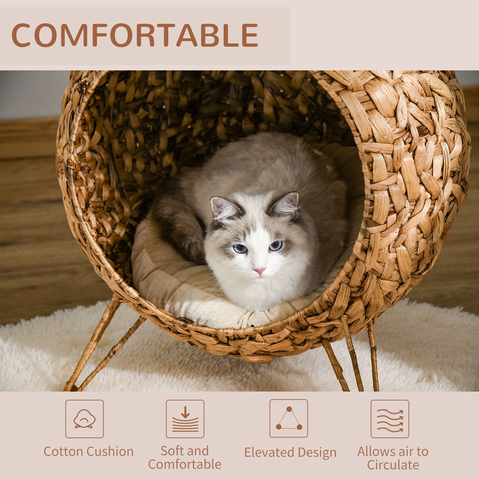 20.5" Weaved Cat Bed, Elevated Hand-woven Braided Banana Leaf Kitten House Condo with Cushion, Natural - Natural Wood - Image 6