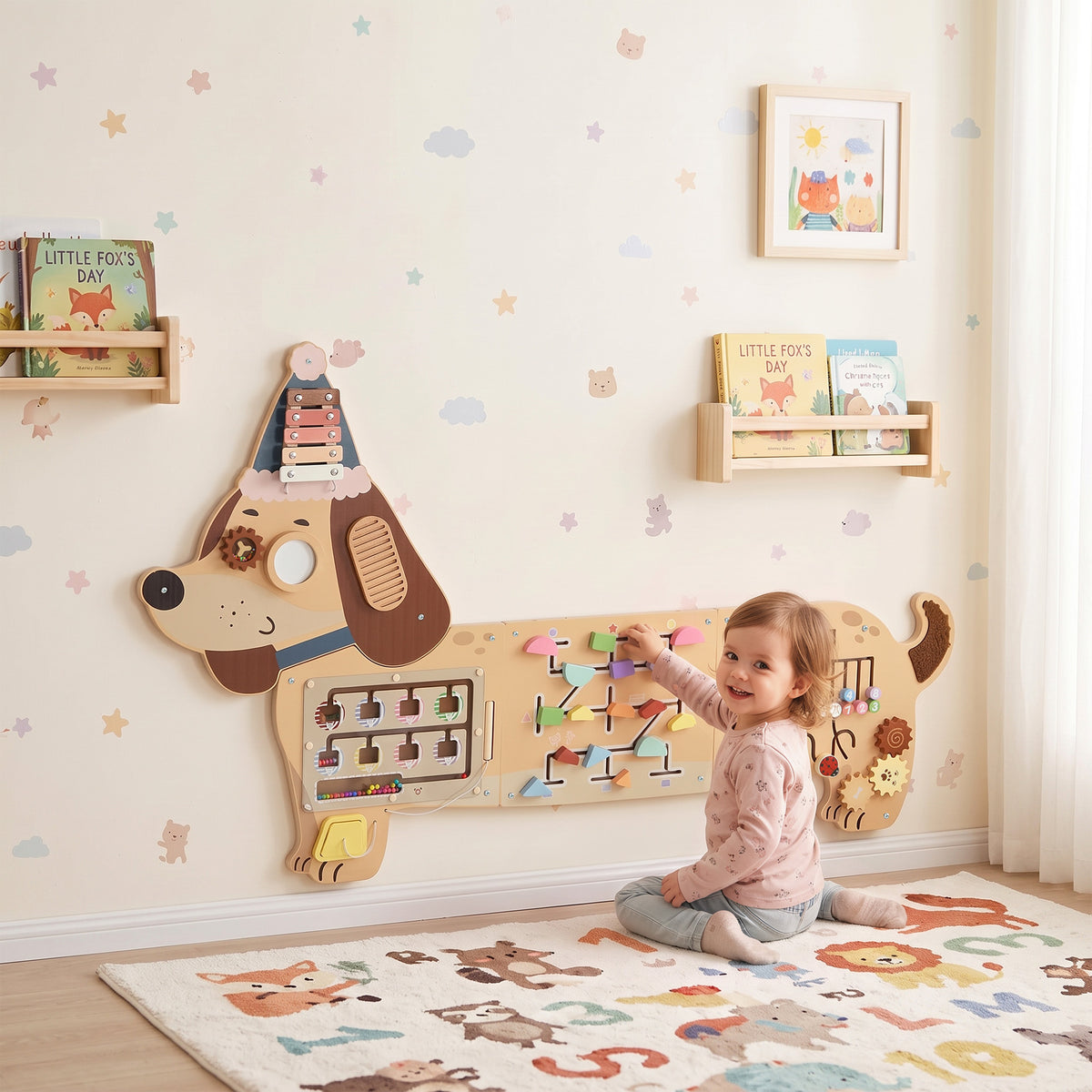 Wooden Wall Busy Board, Montessori Sensory Wall Panel Dachshund-Shaped for Playroom, Educational Toys for Toddler