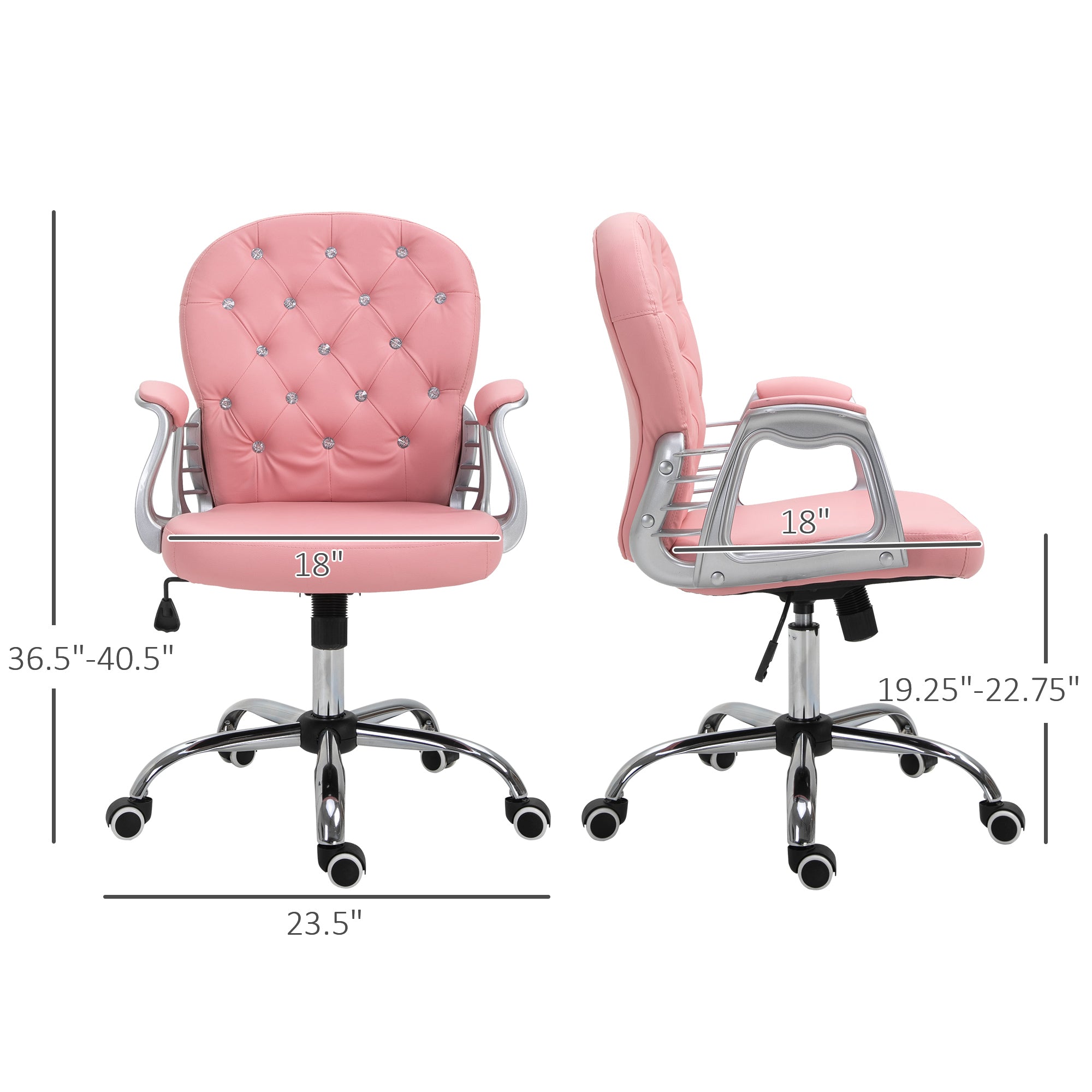 Makeup Vanity Chair, PU Leather Computer Task Chair with Button Tufted, Padded Armrests, Adjustable Height and Swivel Wheels, Pink
